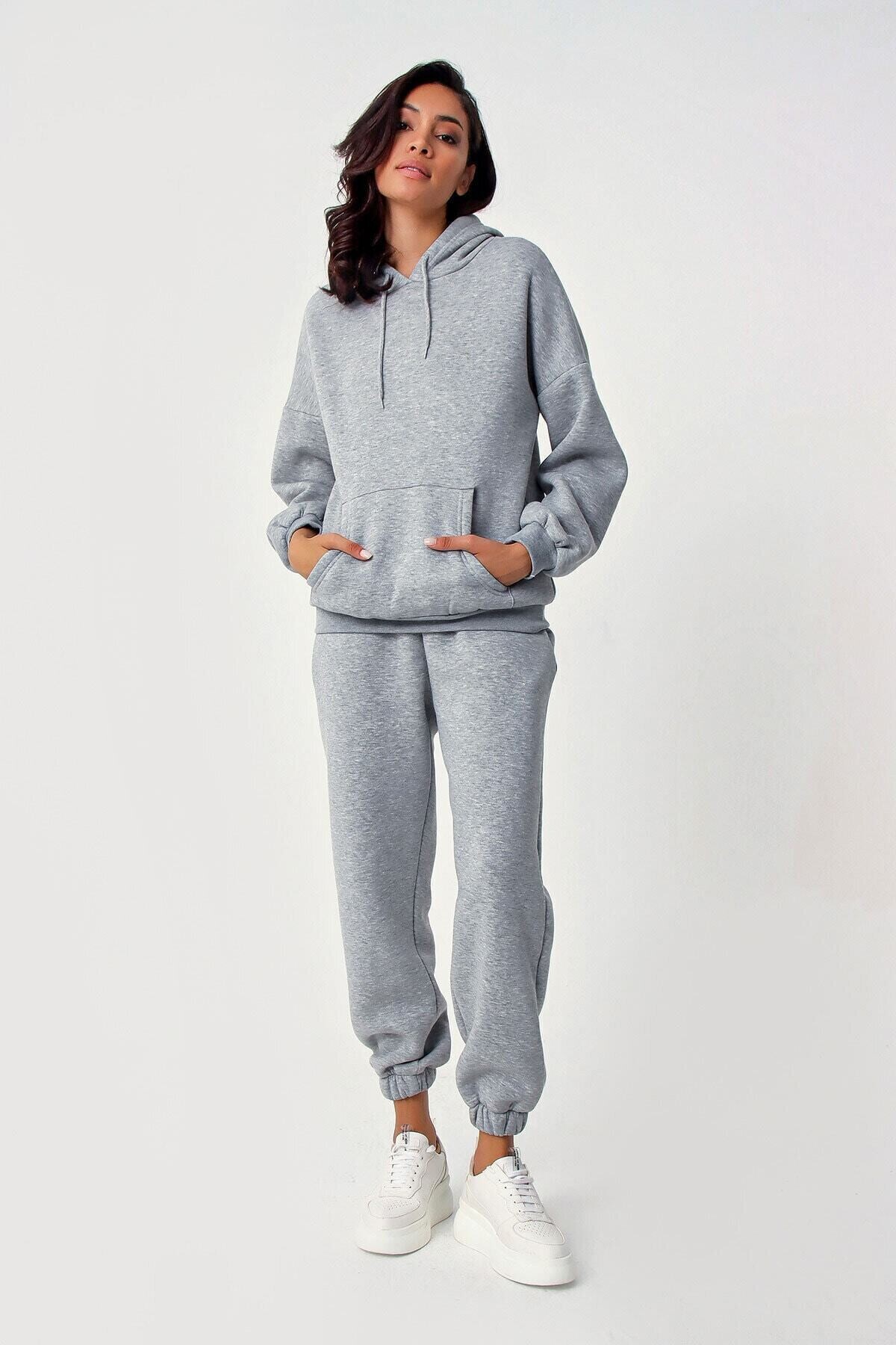 Kadın Gri Oversize Kapüşonlu Polarlı Eşofman Takımı HZL22W-BD1553231