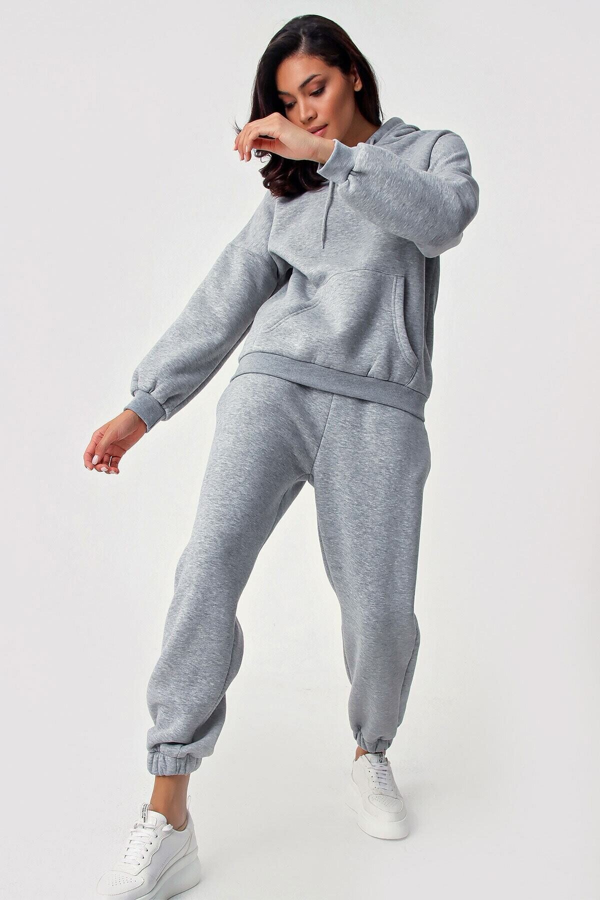 Kadın Gri Oversize Kapüşonlu Polarlı Eşofman Takımı HZL22W-BD1553231