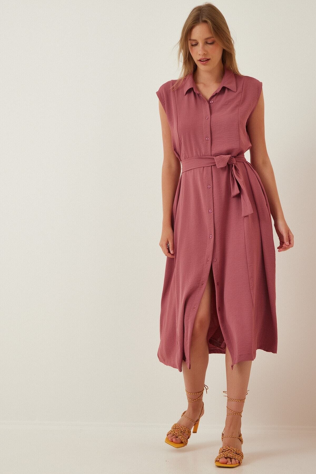 Kadın GülKurusu Gömlek Yaka Düğmeli Kuşaklı Gizli Cepli Kolsuz Ayrobin Gömlek Elbise HZL22S-BD122261