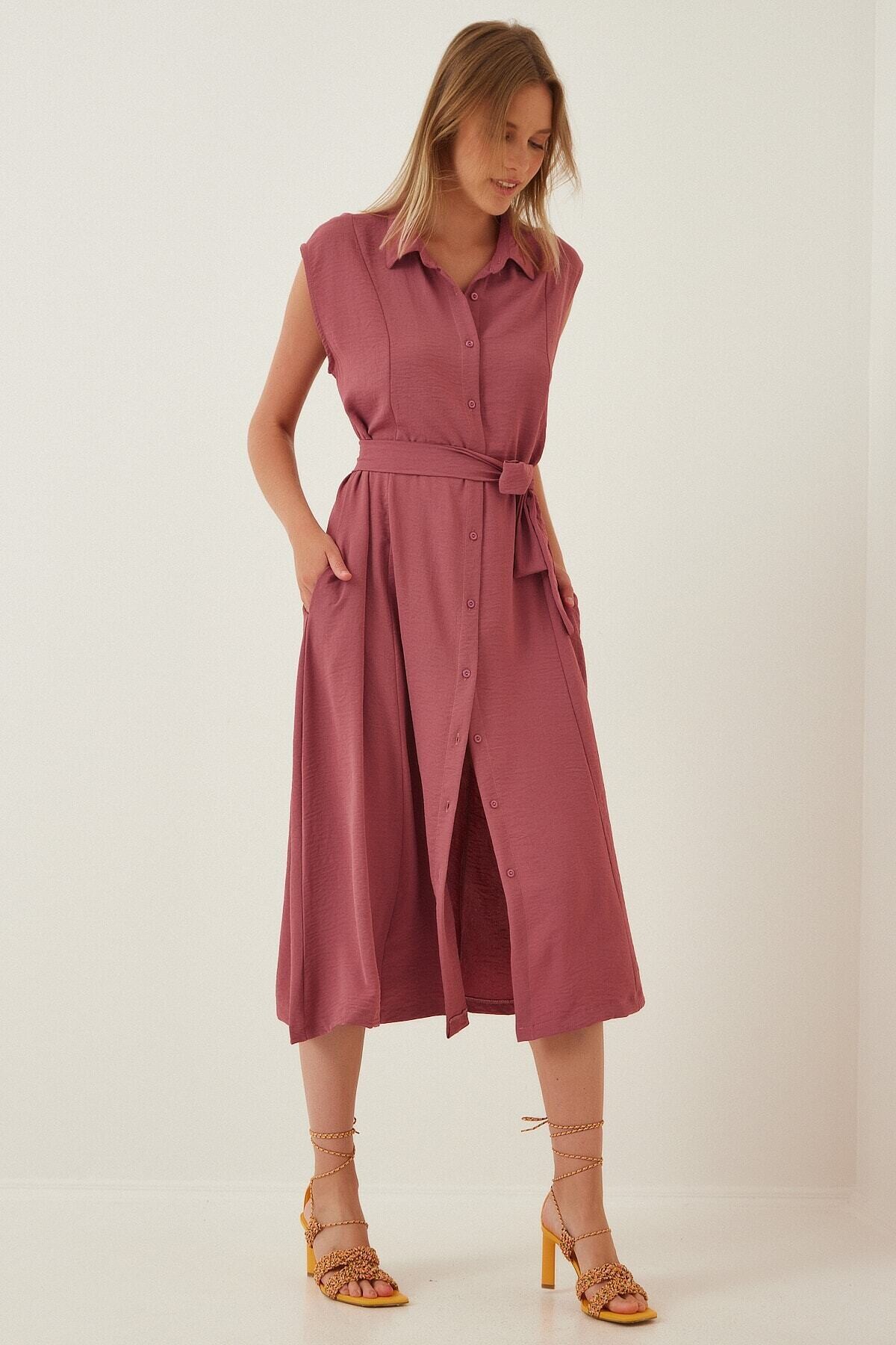 Kadın GülKurusu Gömlek Yaka Düğmeli Kuşaklı Gizli Cepli Kolsuz Ayrobin Gömlek Elbise HZL22S-BD122261