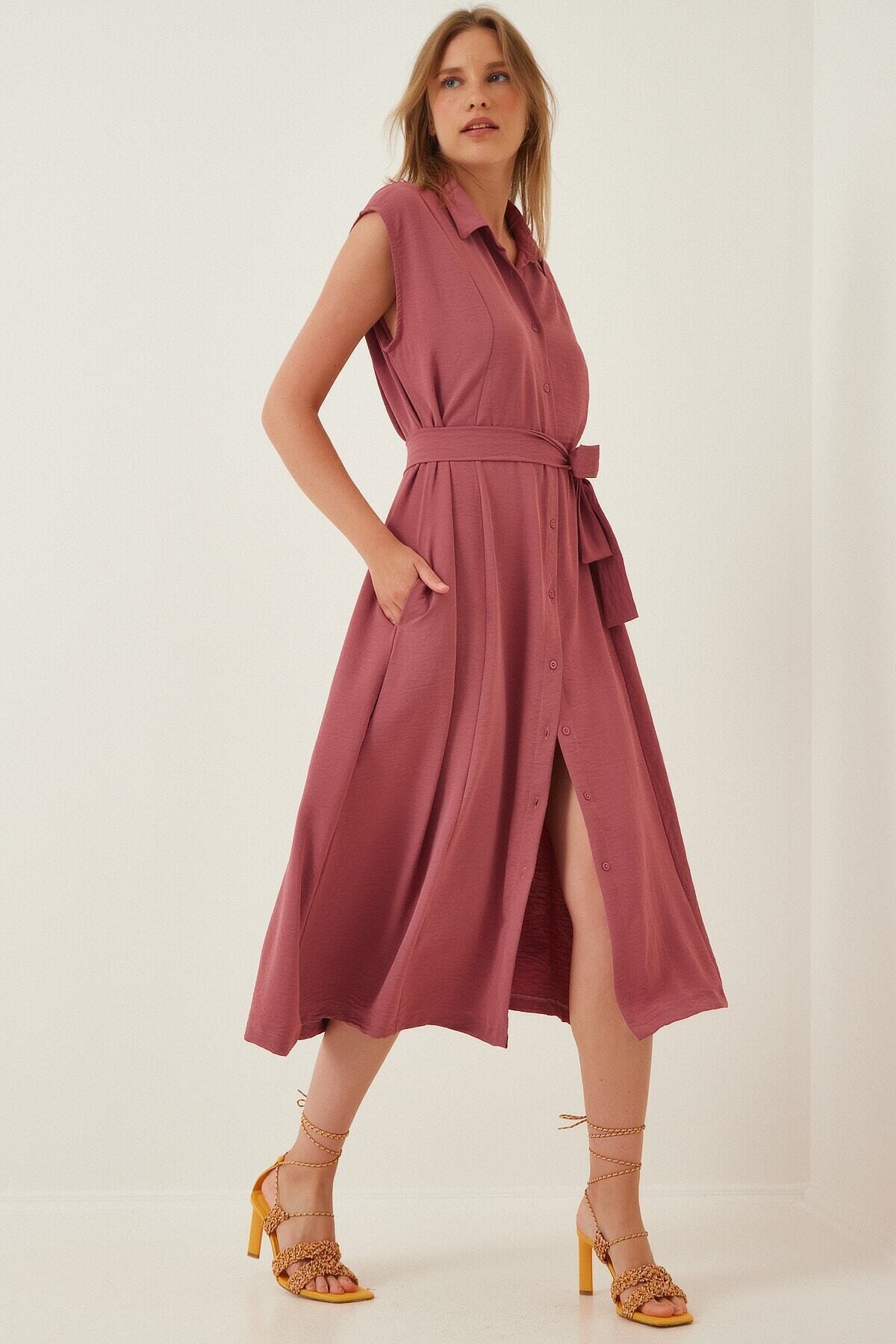 Kadın GülKurusu Gömlek Yaka Düğmeli Kuşaklı Gizli Cepli Kolsuz Ayrobin Gömlek Elbise HZL22S-BD122261