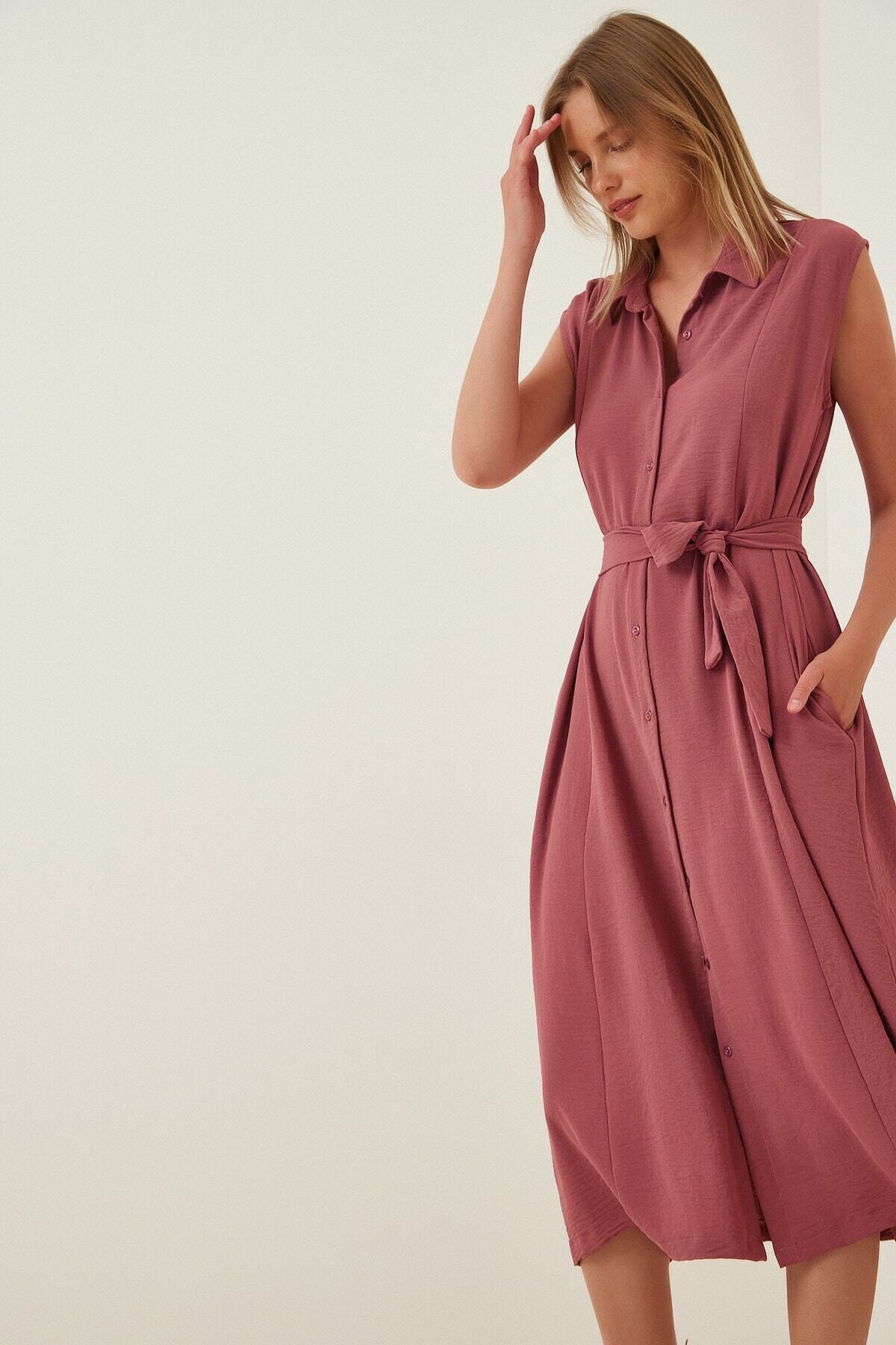 Kadın GülKurusu Gömlek Yaka Düğmeli Kuşaklı Gizli Cepli Kolsuz Ayrobin Gömlek Elbise HZL22S-BD122261