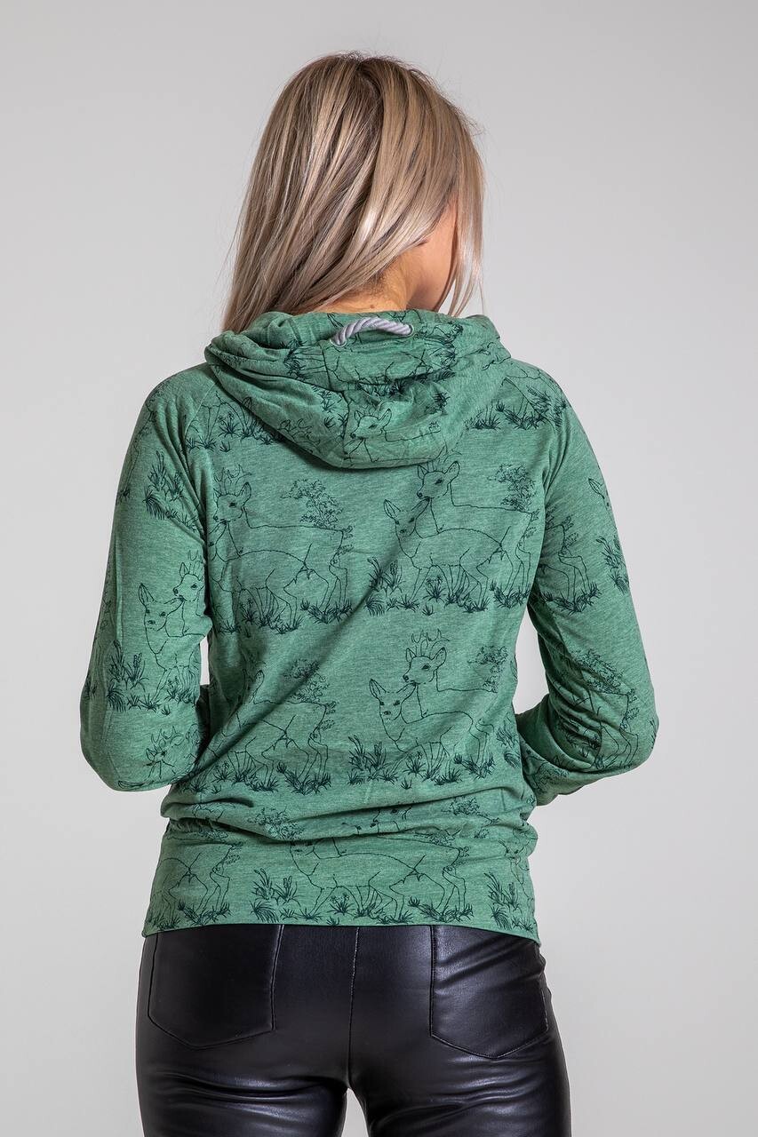 Kadın Haki  Kapüşonlu Ceylan Desenli Reglan Kol Penye Sweatshirt HZL23W-SR120011