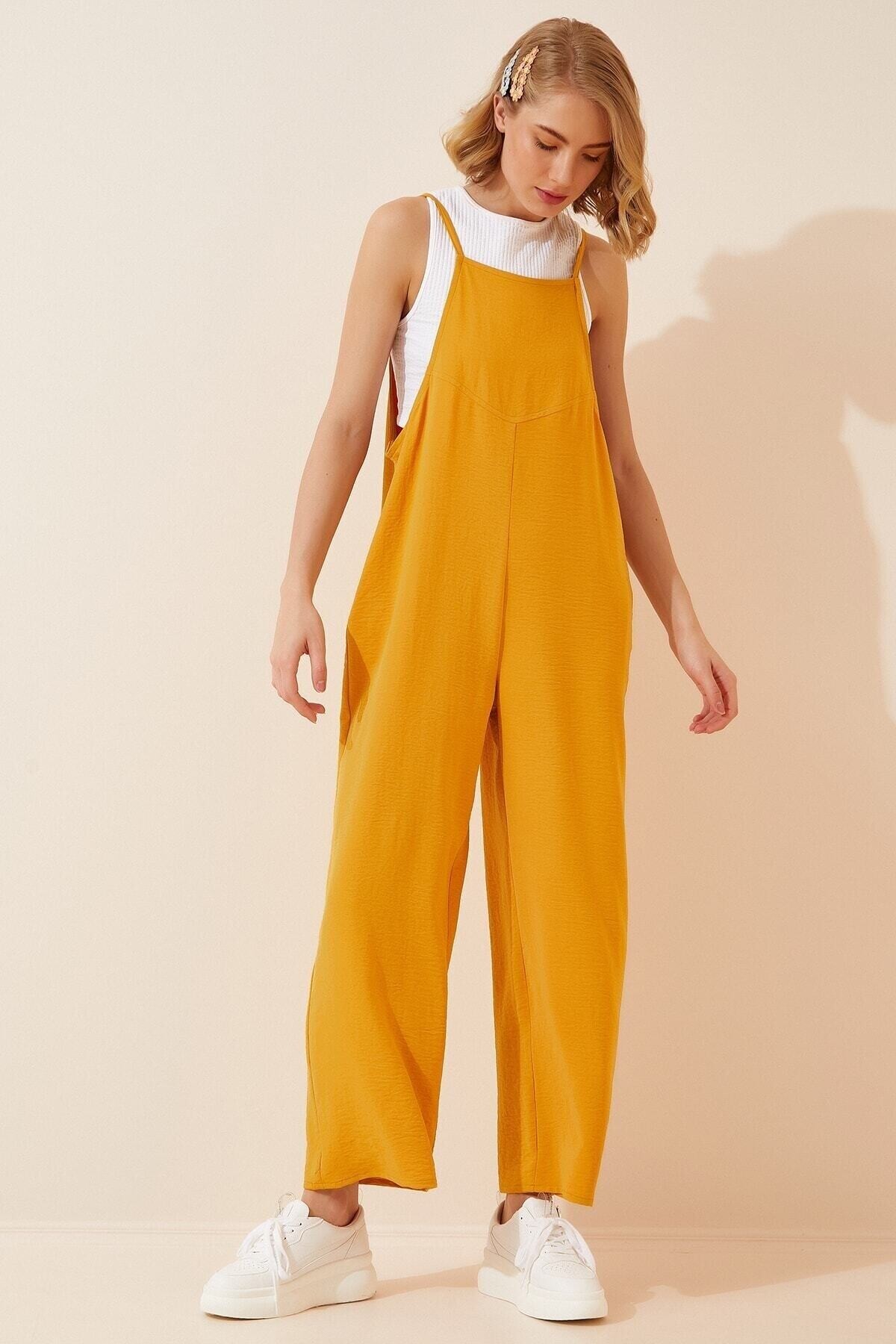 Kadın Hardal Ayarlanabilir Askılı Cepli Bol Paça Bahçıvan Tulum HZL22S-BD170191