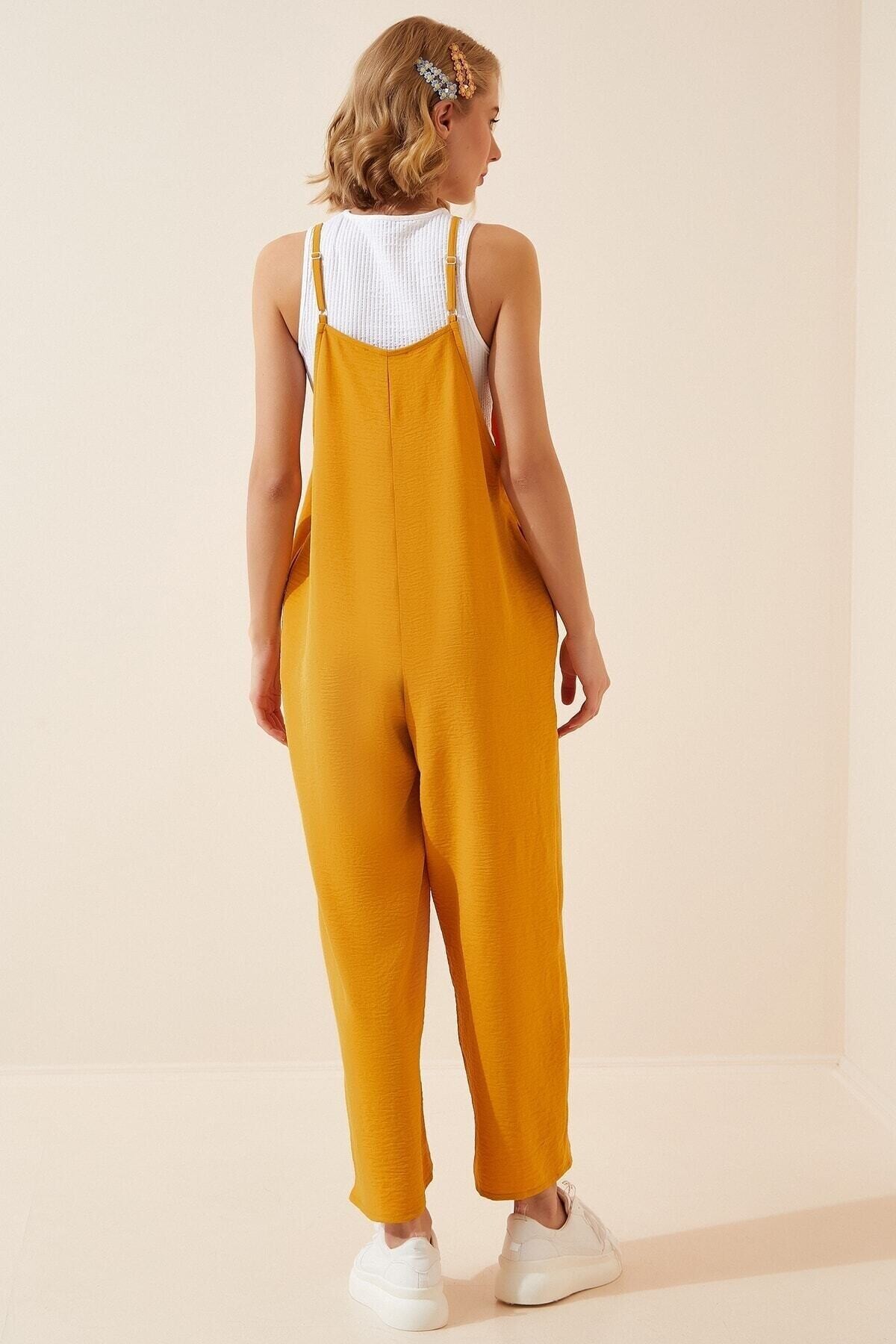 Kadın Hardal Ayarlanabilir Askılı Cepli Bol Paça Bahçıvan Tulum HZL22S-BD170191