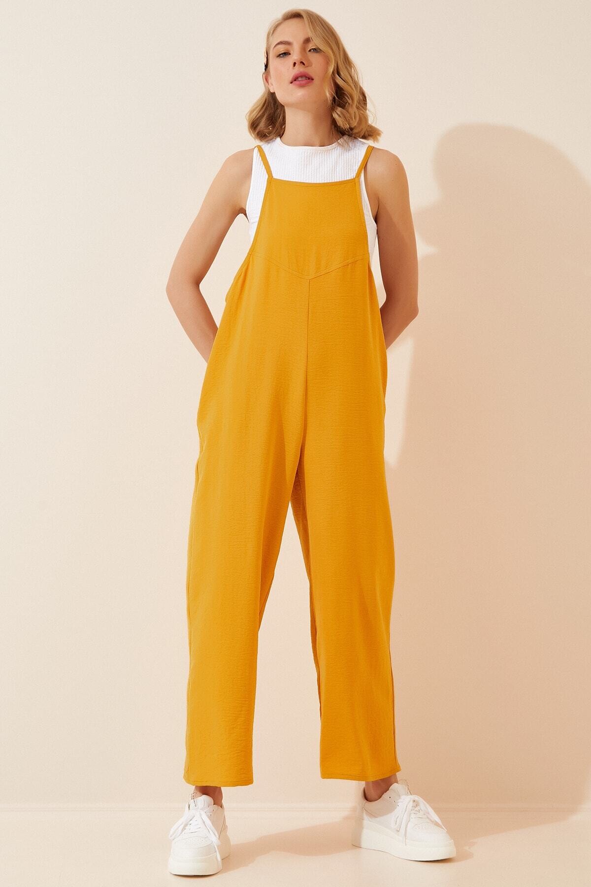 Kadın Hardal Ayarlanabilir Askılı Cepli Bol Paça Bahçıvan Tulum HZL22S-BD170191