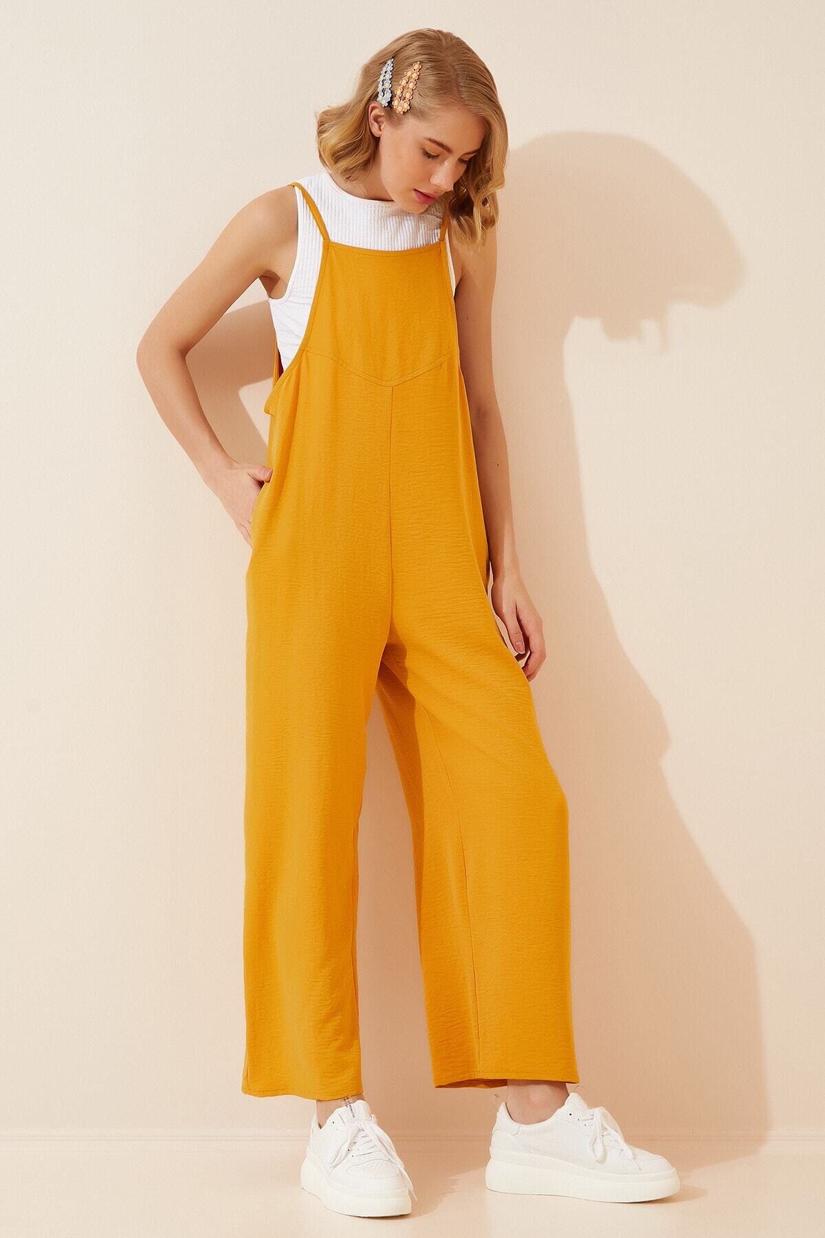 Kadın Hardal Ayarlanabilir Askılı Cepli Bol Paça Bahçıvan Tulum HZL22S-BD170191