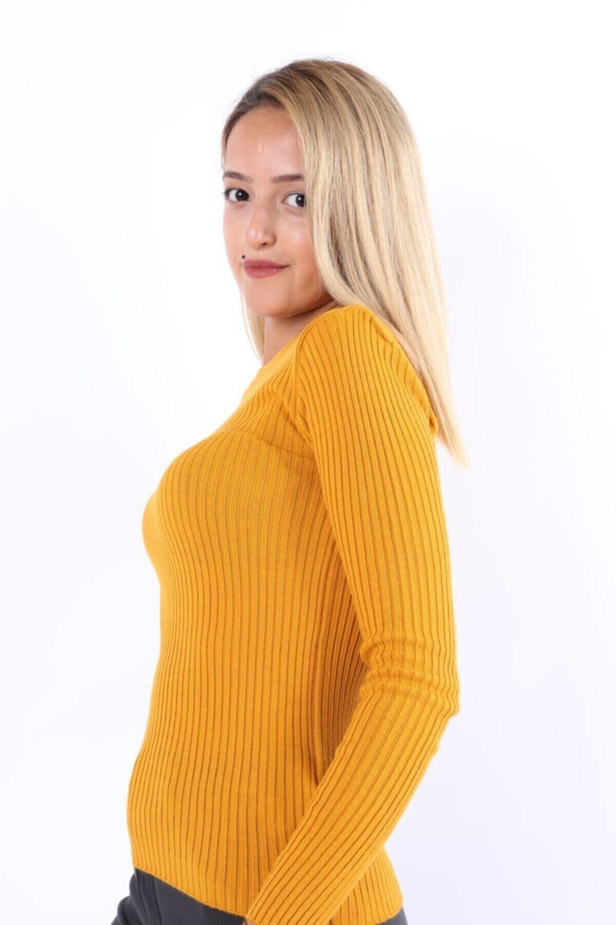 Kadın Hardal Bisiklet Yaka Fitilli Triko Kazak HZL22W-H100011