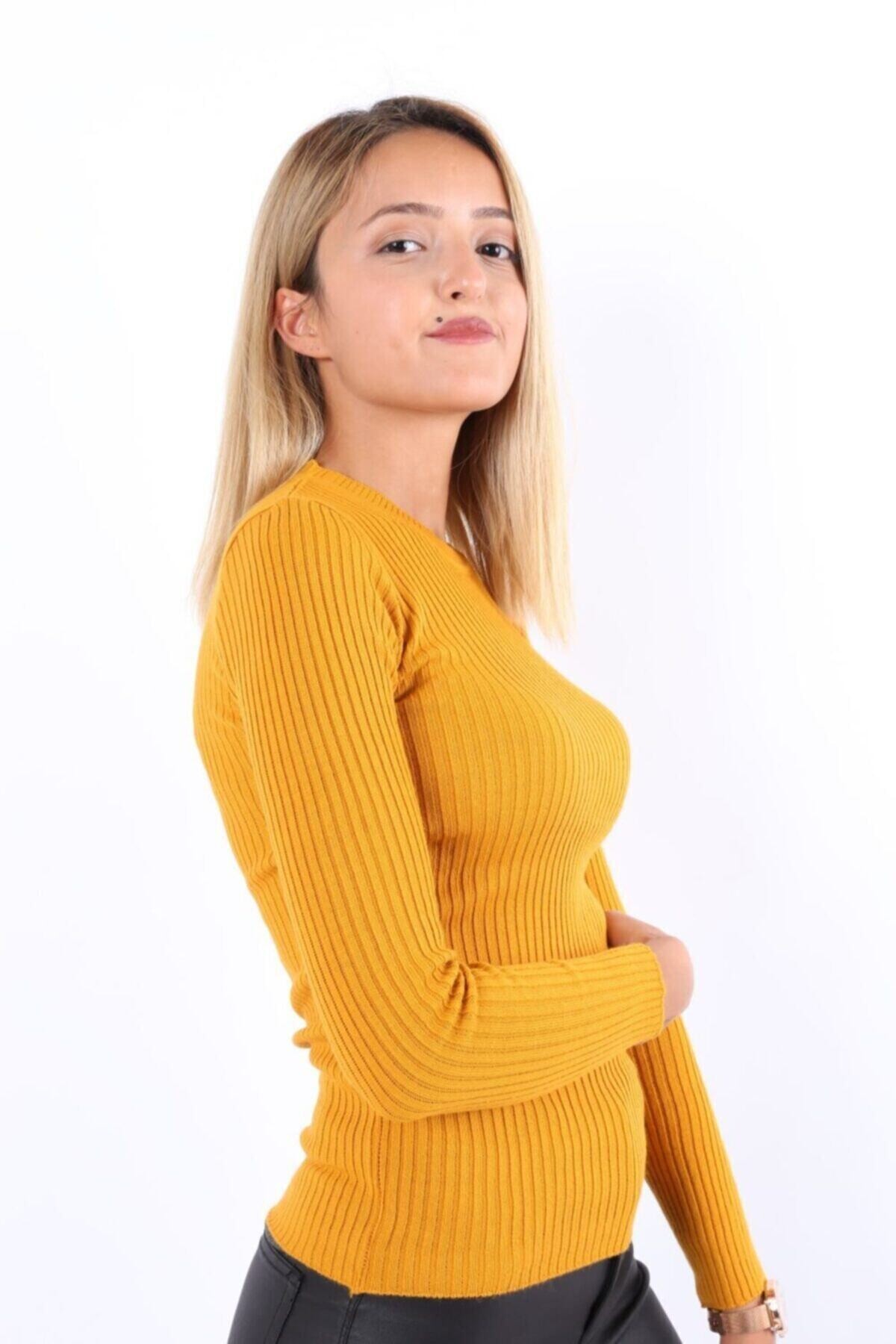 Kadın Hardal Bisiklet Yaka Fitilli Triko Kazak HZL22W-H100011