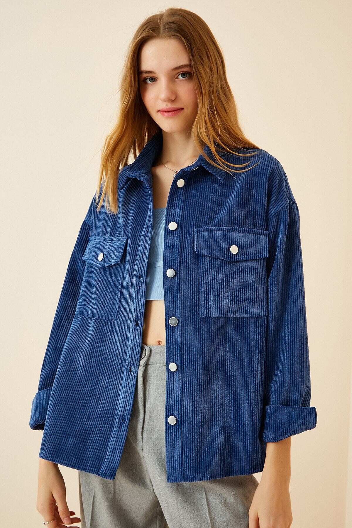 Kadın İndigo Kadife Hafif Oversize Şık Gömlek HZL23W-BD138651