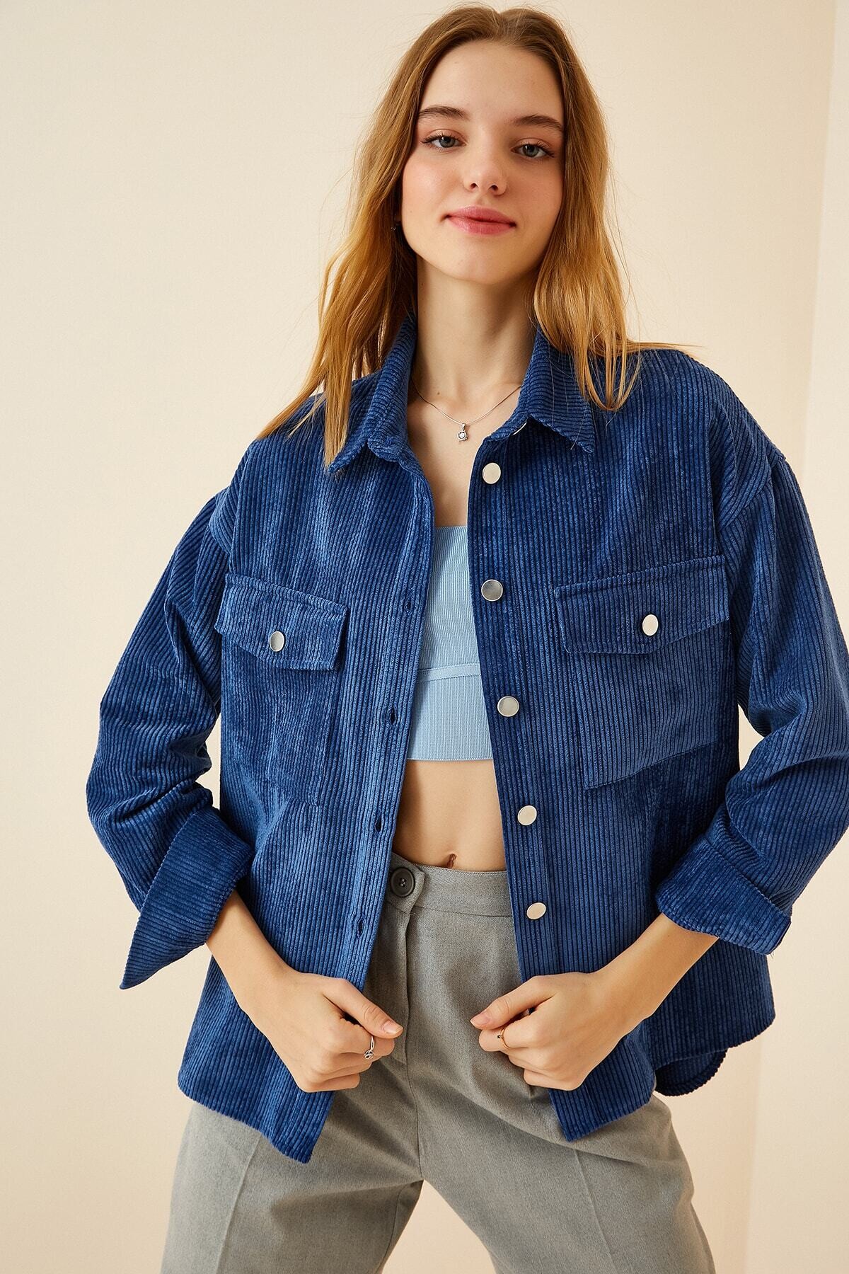Kadın İndigo Kadife Hafif Oversize Şık Gömlek HZL23W-BD138651