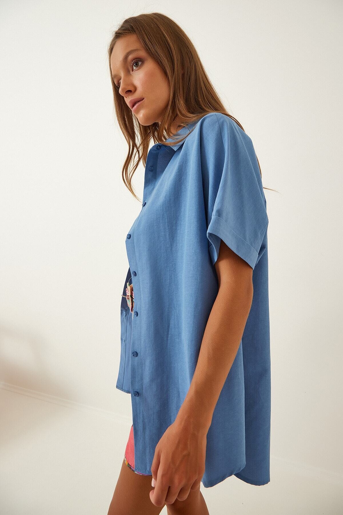Kadın İndigo Oversize Uzun Kısa Kollu Basic Poplin Gömlek HZL22S-BD1201201