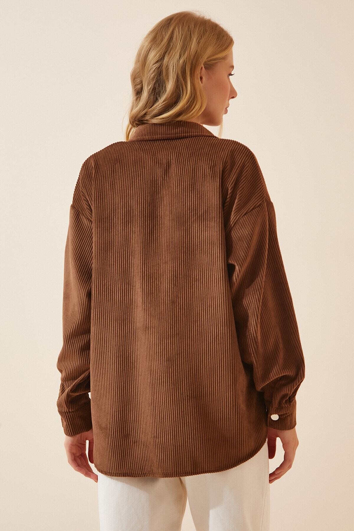 Kadın Kahverengi Kadife Hafif Oversize Şık Gömlek HZL23W-BD138651