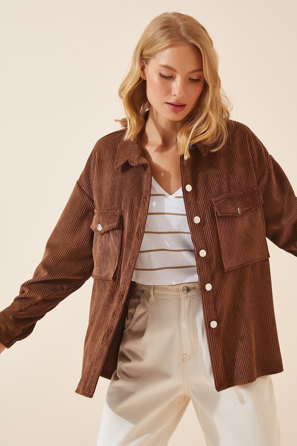 Kadın Kahverengi Kadife Hafif Oversize Şık Gömlek HZL23W-BD138651