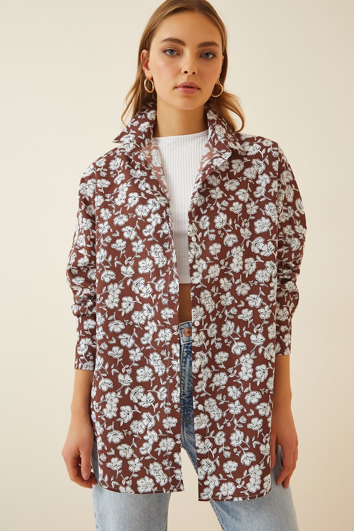 Kadın Kahverengi Oversize Uzun Basic Gömlek HZL22S-BD1201001