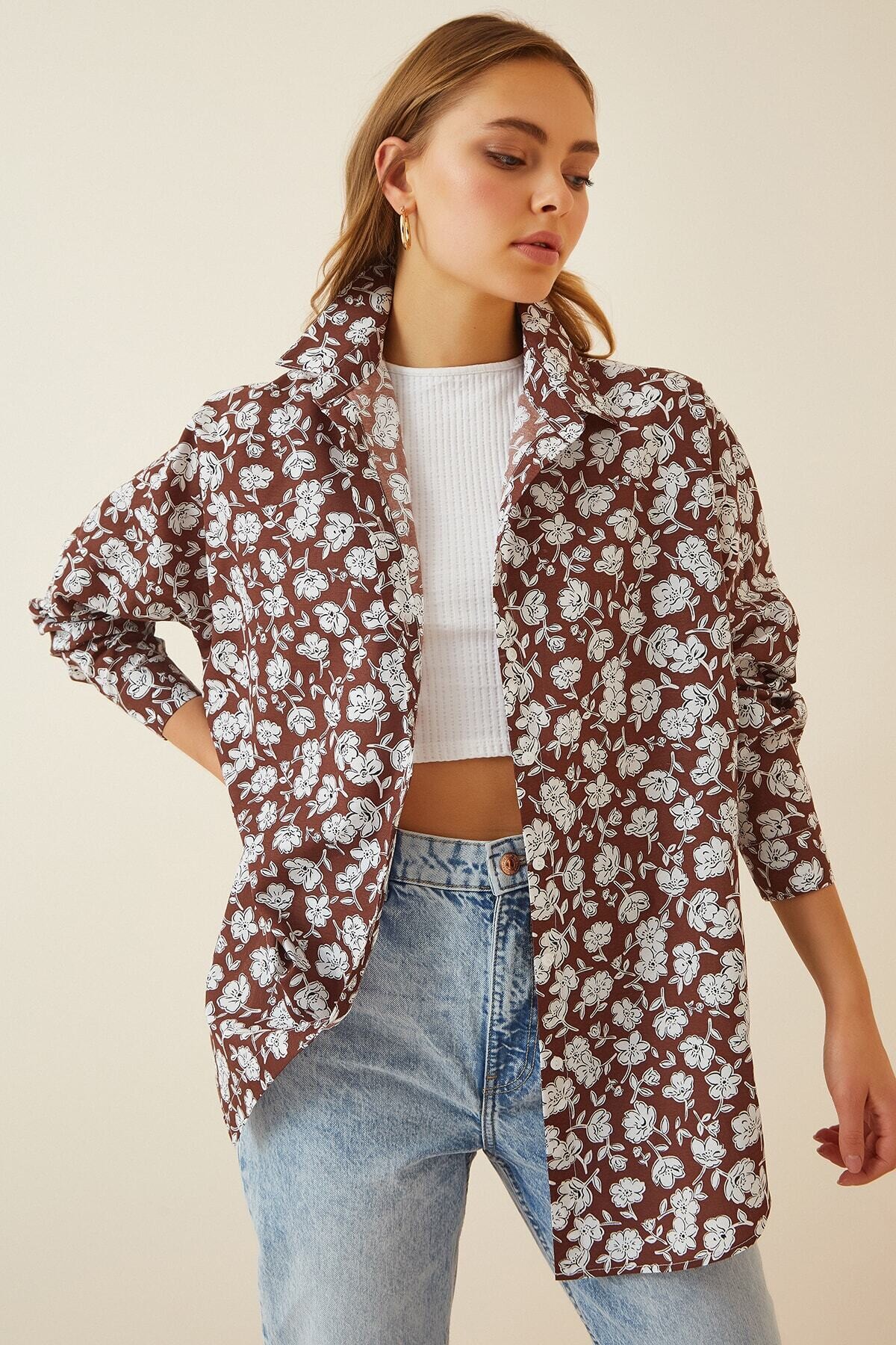 Kadın Kahverengi Oversize Uzun Basic Gömlek HZL22S-BD1201001