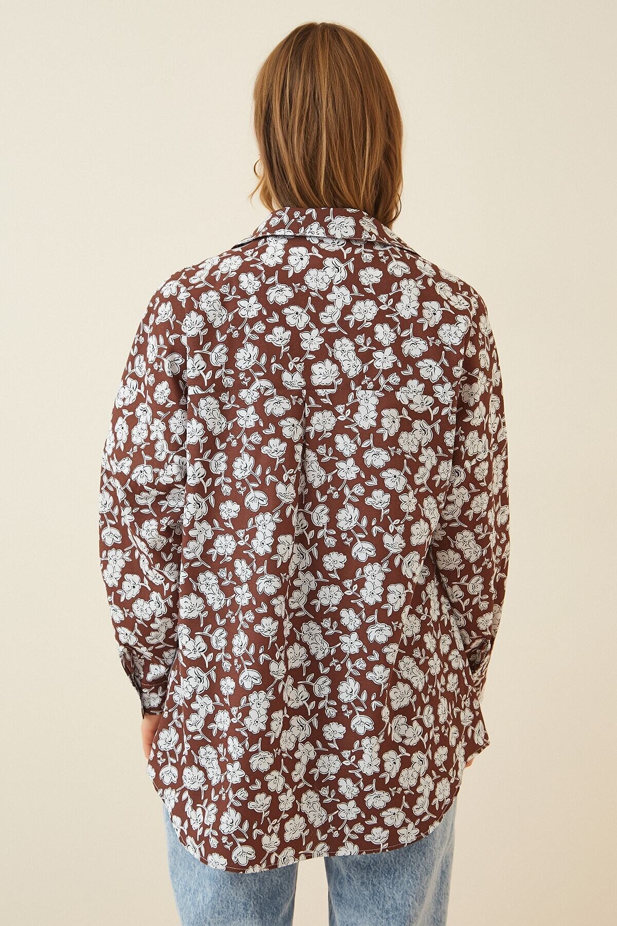 Kadın Kahverengi Oversize Uzun Basic Gömlek HZL22S-BD1201001