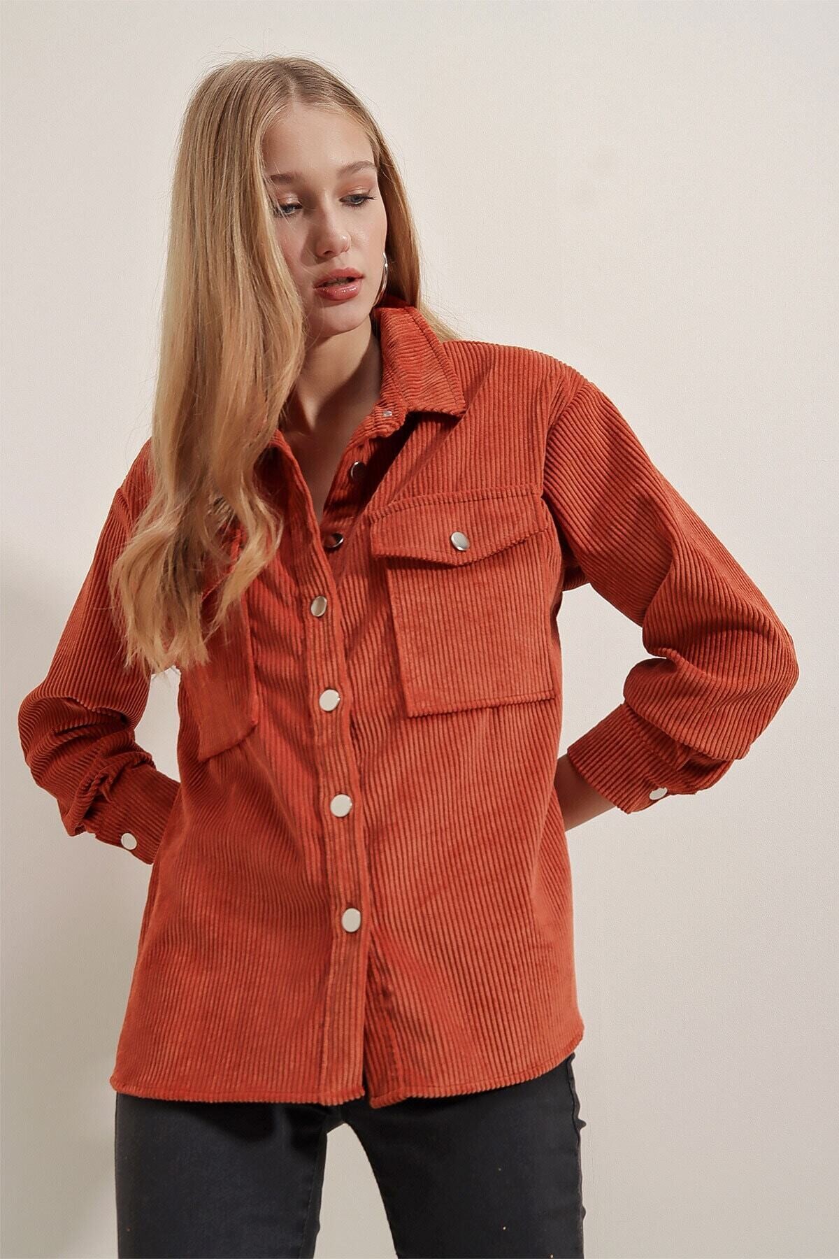 Kadın Kiremit Kadife Hafif Oversize Şık Gömlek HZL23W-BD138651