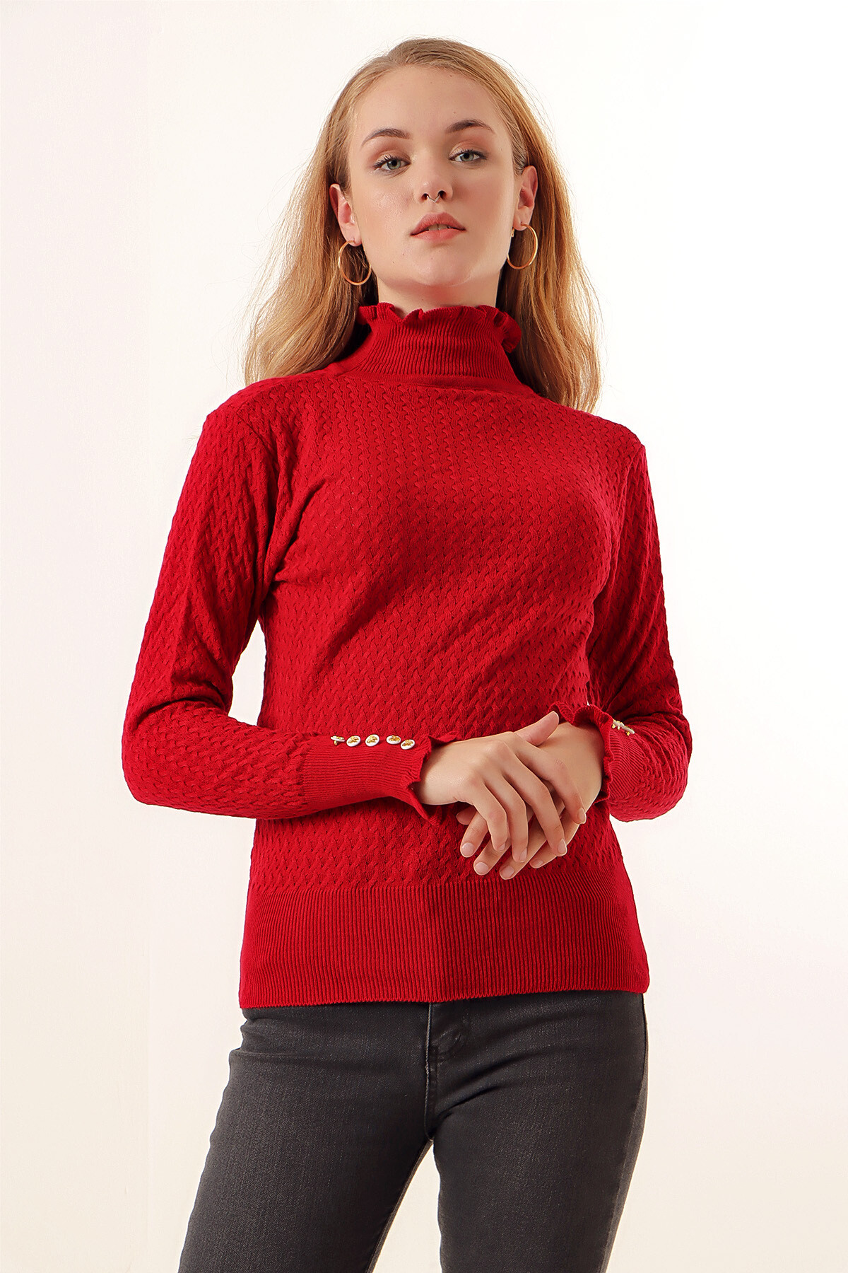 Kadın Kırmızı Balıkçı Yaka Boğaz ve Bilekten Fırfırlı Triko Boğazlı Kazak HZL23W-BD1100621