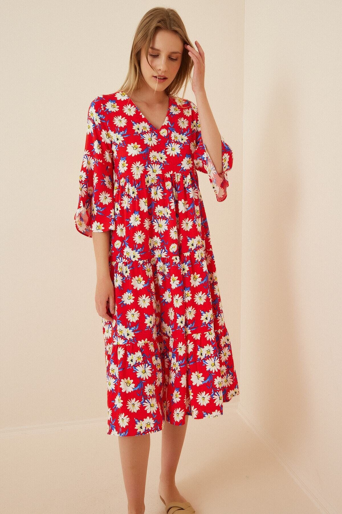 Kadın Kırmızı Beyaz Çiçekli İspanyol Kol Uzun Viskon Elbise HZL22S-BD119591