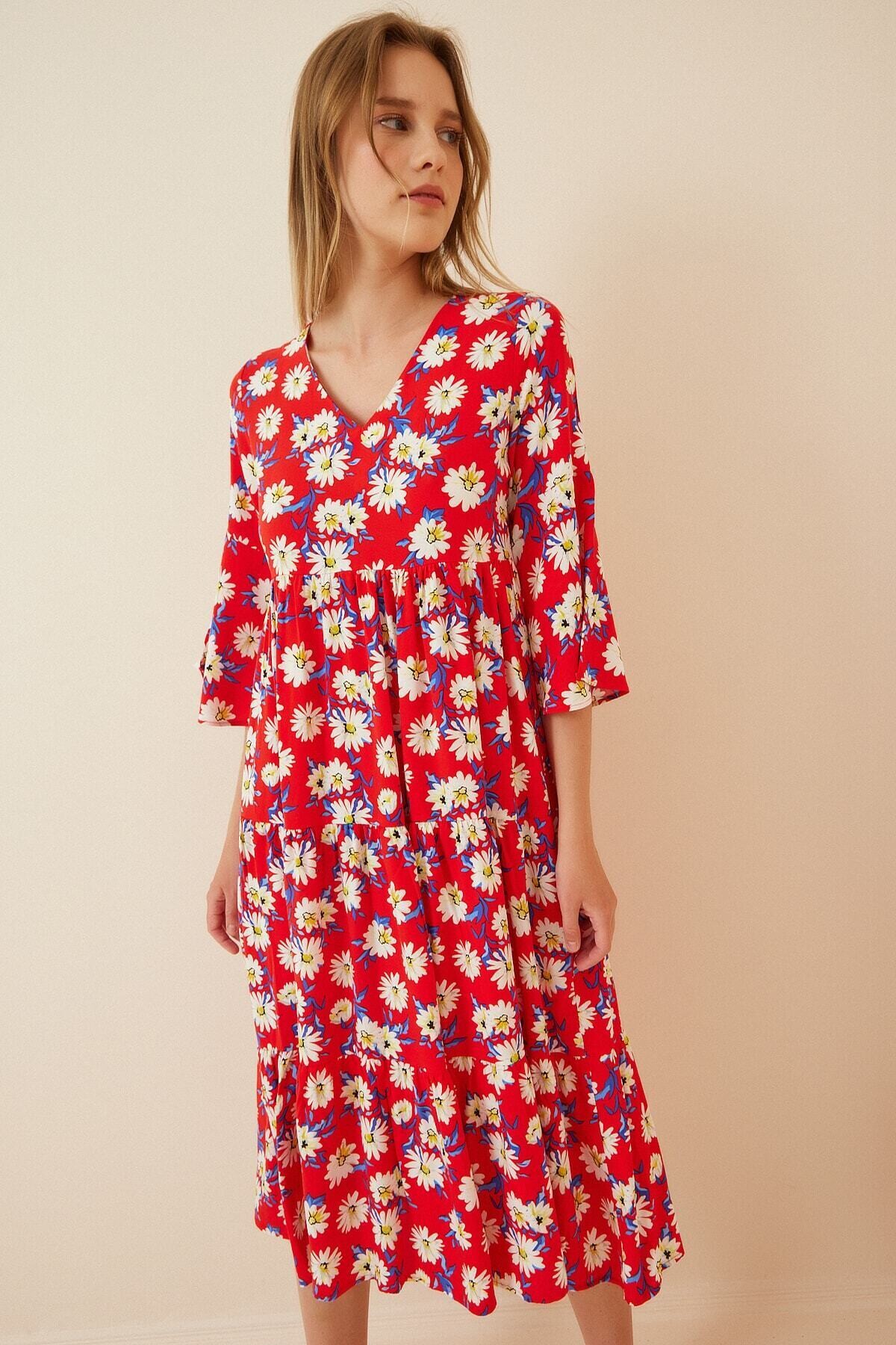 Kadın Kırmızı Beyaz Çiçekli İspanyol Kol Uzun Viskon Elbise HZL22S-BD119591