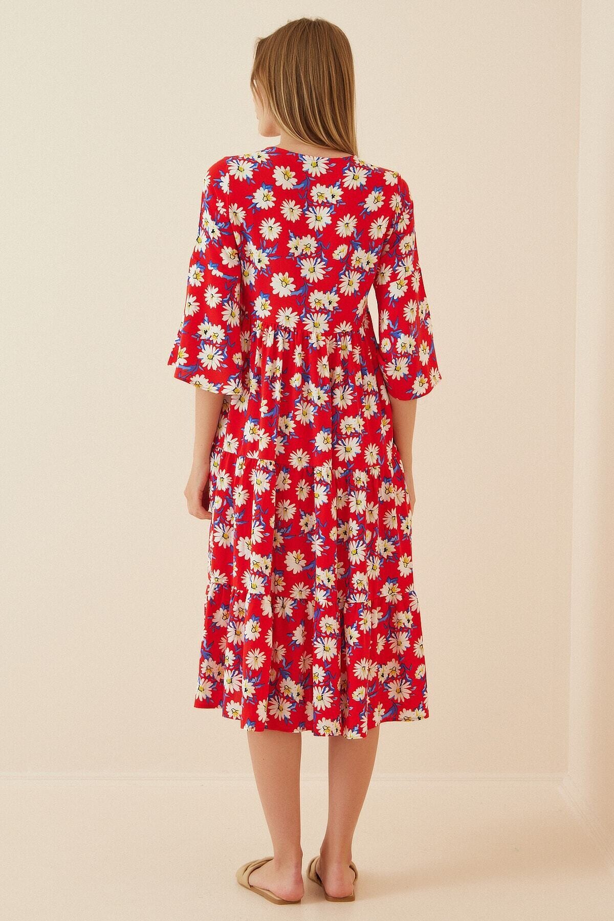 Kadın Kırmızı Beyaz Çiçekli İspanyol Kol Uzun Viskon Elbise HZL22S-BD119591