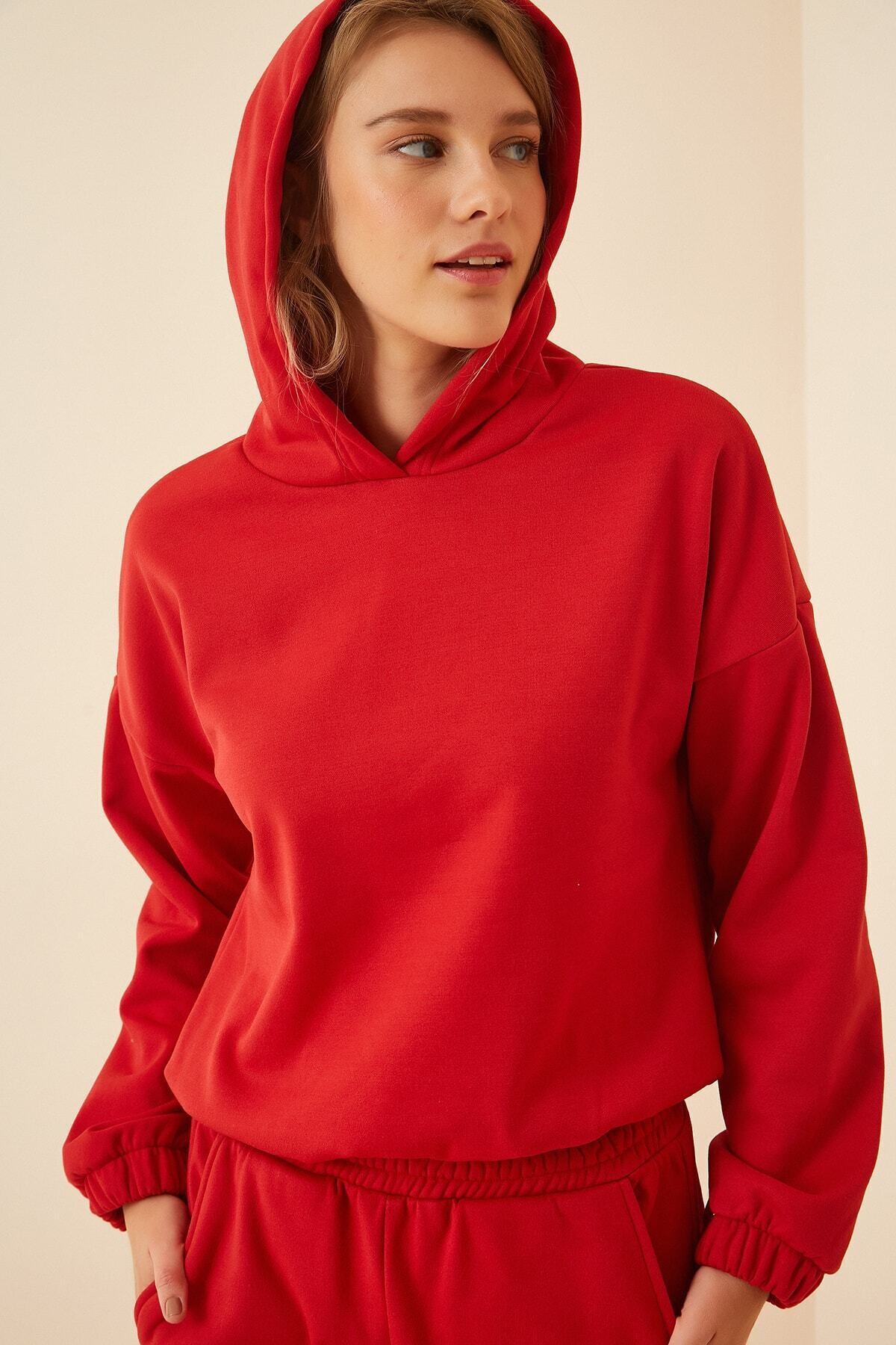 Kadın Kırmızı Oversize Kapüşonlu Polarlı Eşofman Takımı HZL22W-BD1553231