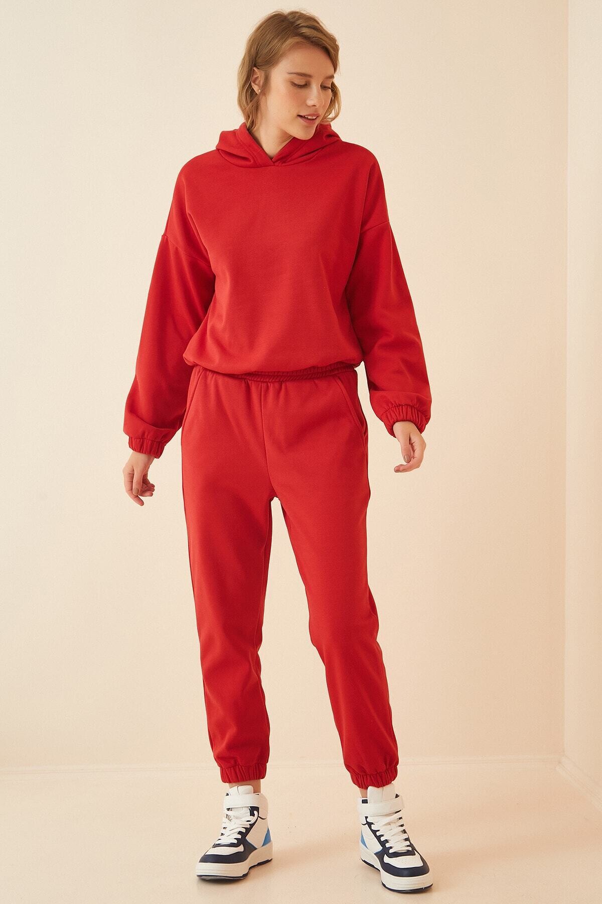 Kadın Kırmızı Oversize Kapüşonlu Polarlı Eşofman Takımı HZL22W-BD1553231