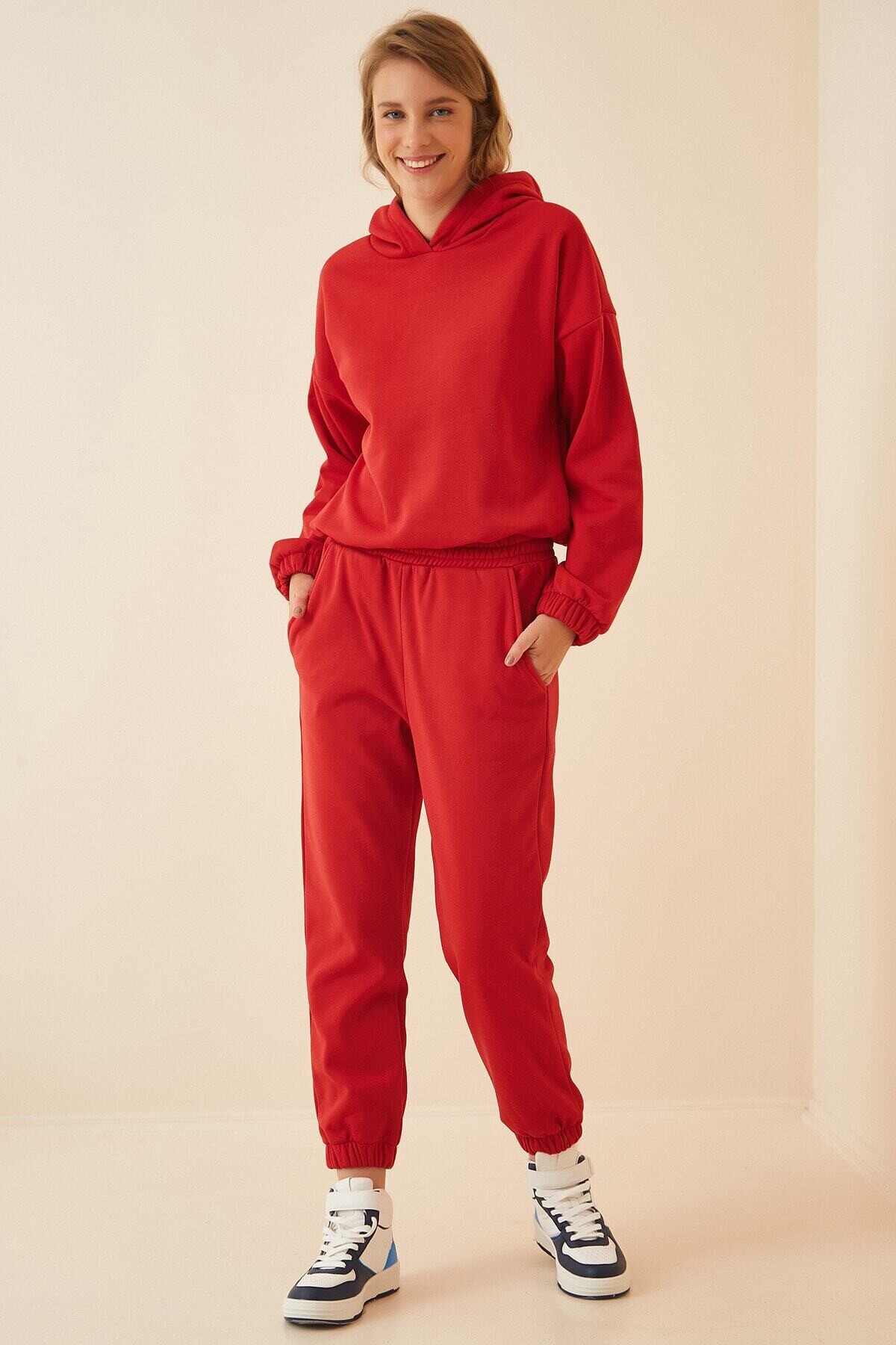 Kadın Kırmızı Oversize Kapüşonlu Polarlı Eşofman Takımı HZL22W-BD1553231
