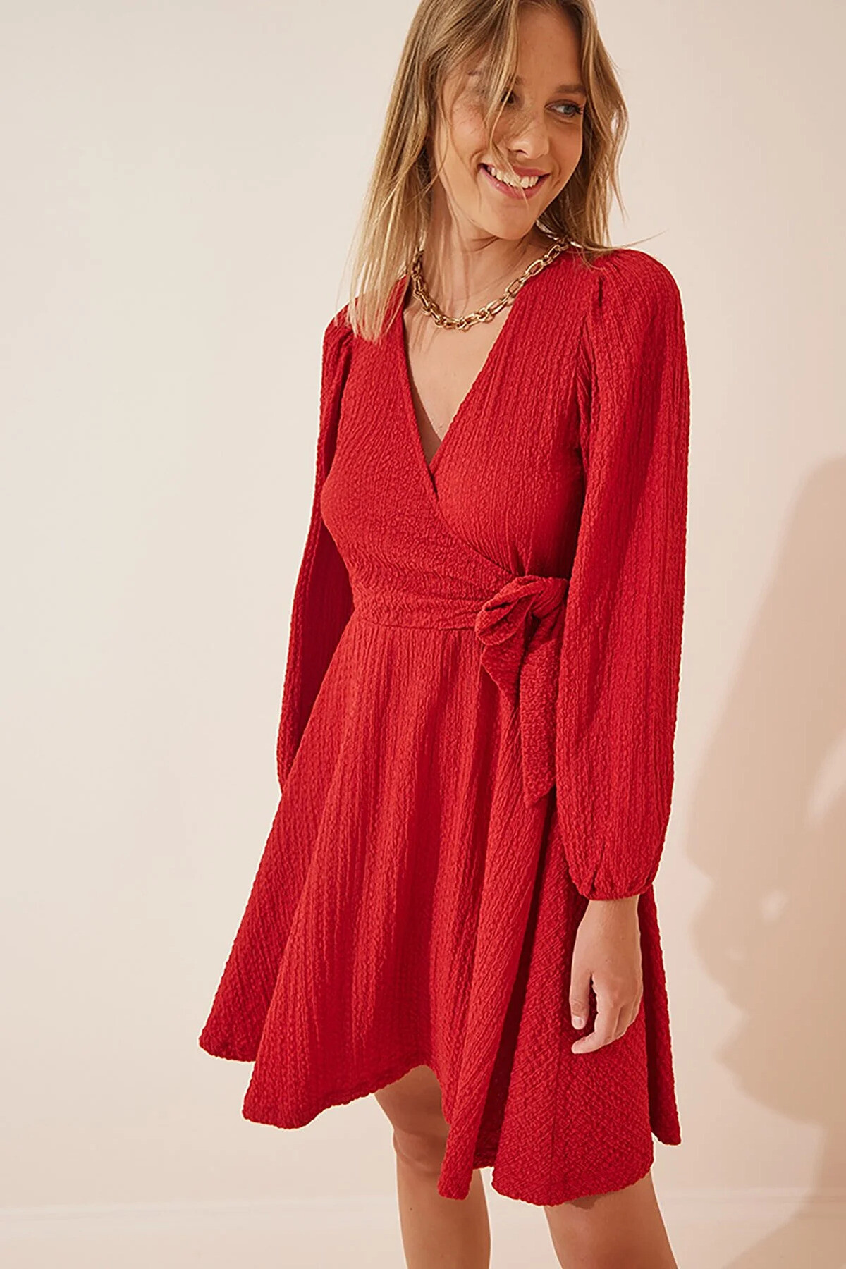 Kadın Kırmızı V Yaka Dokulu Likralı Uzun Kollu Anvelop Örme Elbise HZL23W-BD123621