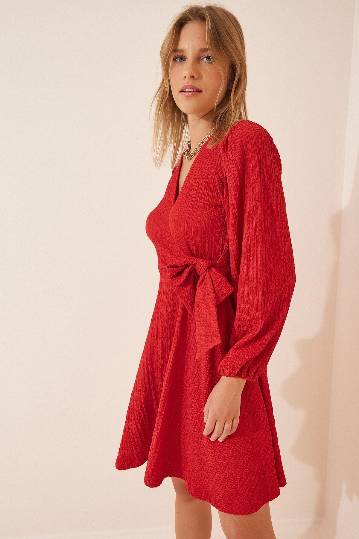 Kadın Kırmızı V Yaka Dokulu Likralı Uzun Kollu Anvelop Örme Elbise HZL23W-BD123621