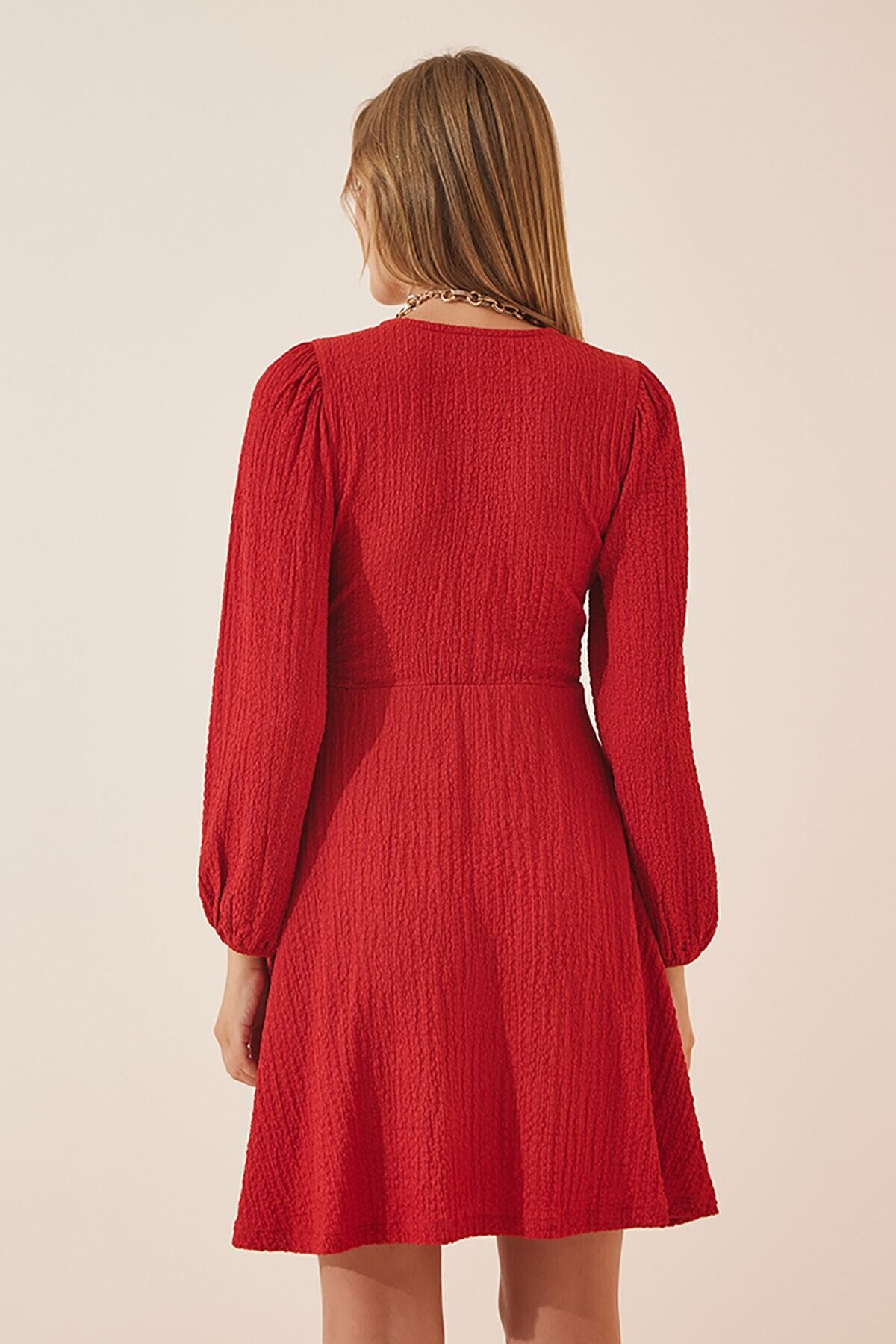 Kadın Kırmızı V Yaka Dokulu Likralı Uzun Kollu Anvelop Örme Elbise HZL23W-BD123621