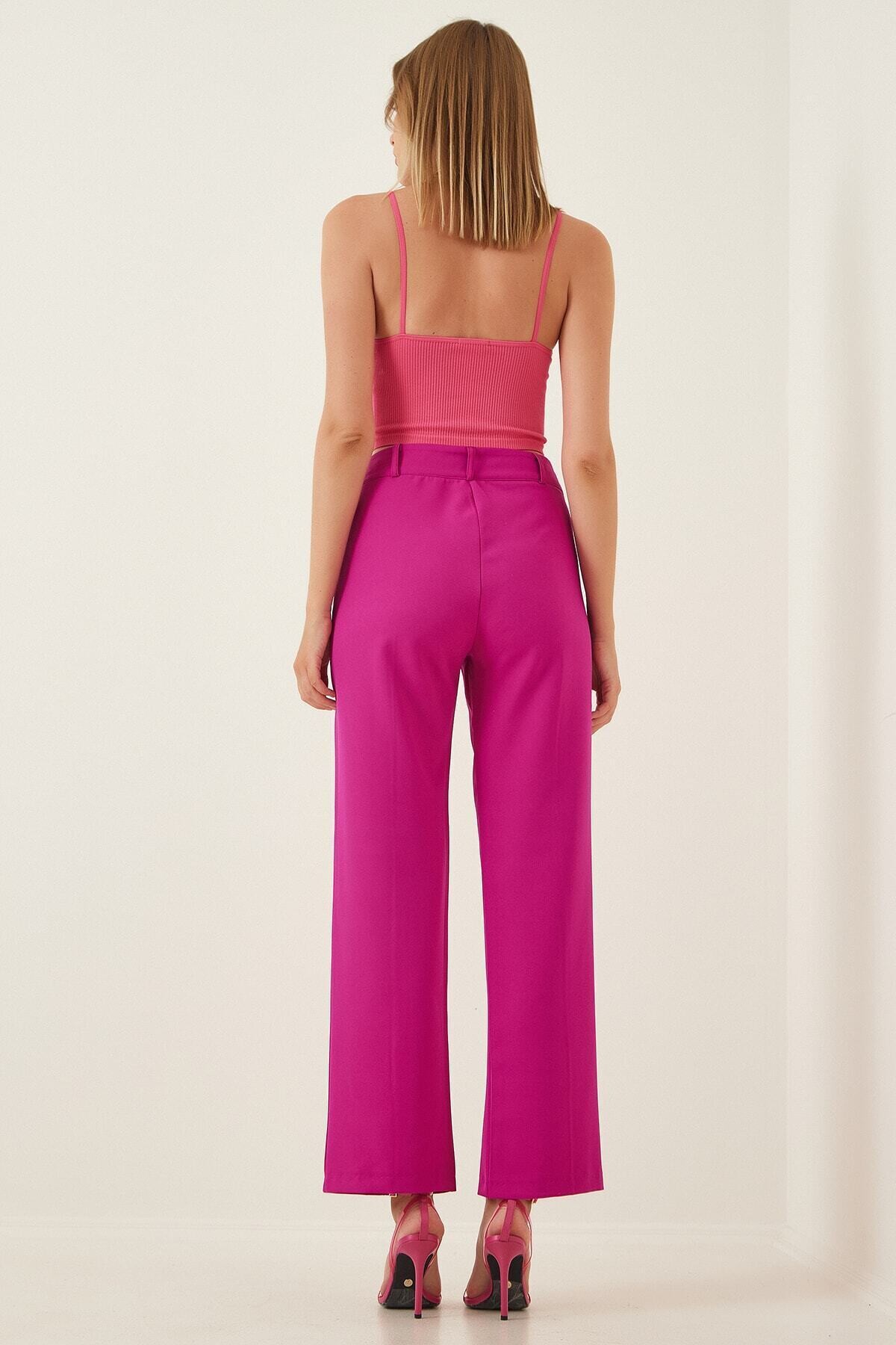 Kadın Koyu Pembe Yüksek Bel Bol Paça Nervür Dikişli Likralı Dokuma Pantolon HZL22S-BD165421