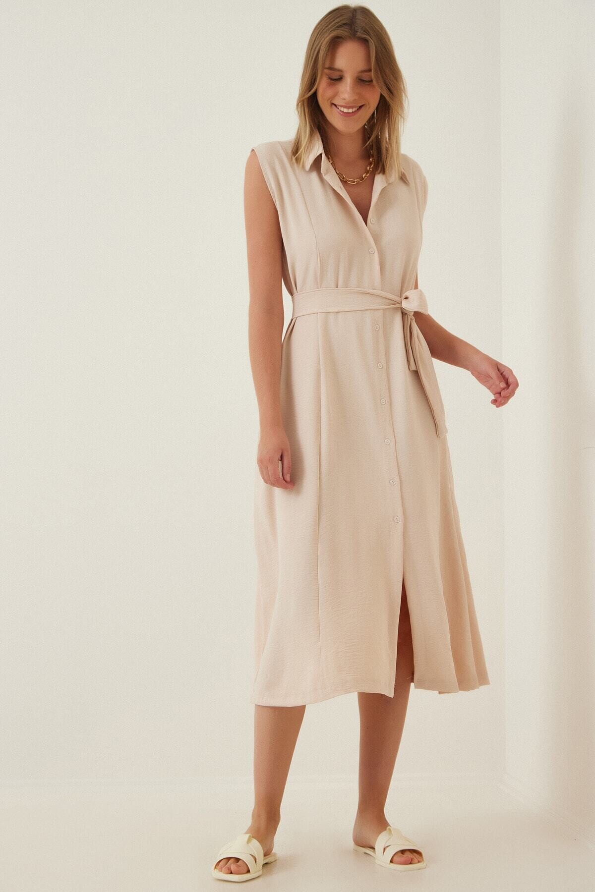 Kadın Krem Gömlek Yaka Düğmeli  Kuşaklı Gizli Cepli Kolsuz Ayrobin Gömlek Elbise HZL22S-BD122261