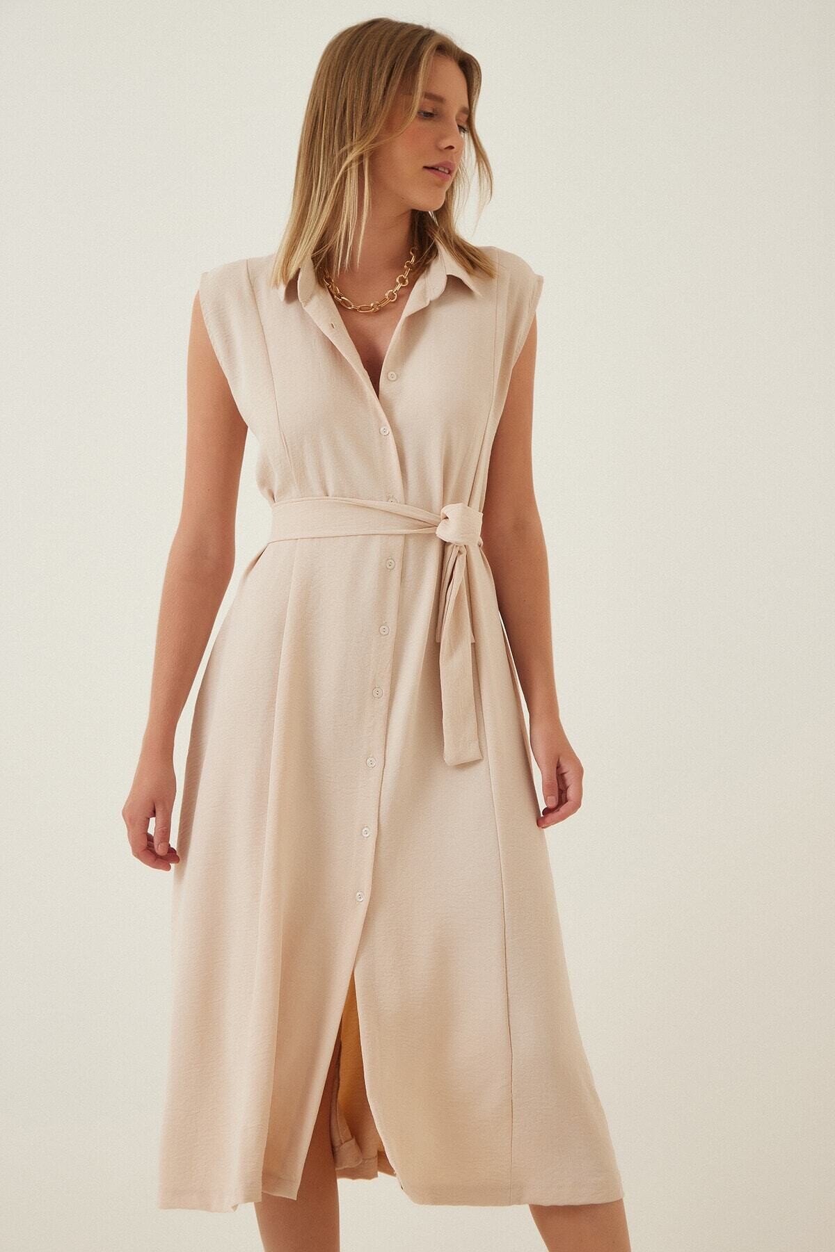 Kadın Krem Gömlek Yaka Düğmeli  Kuşaklı Gizli Cepli Kolsuz Ayrobin Gömlek Elbise HZL22S-BD122261