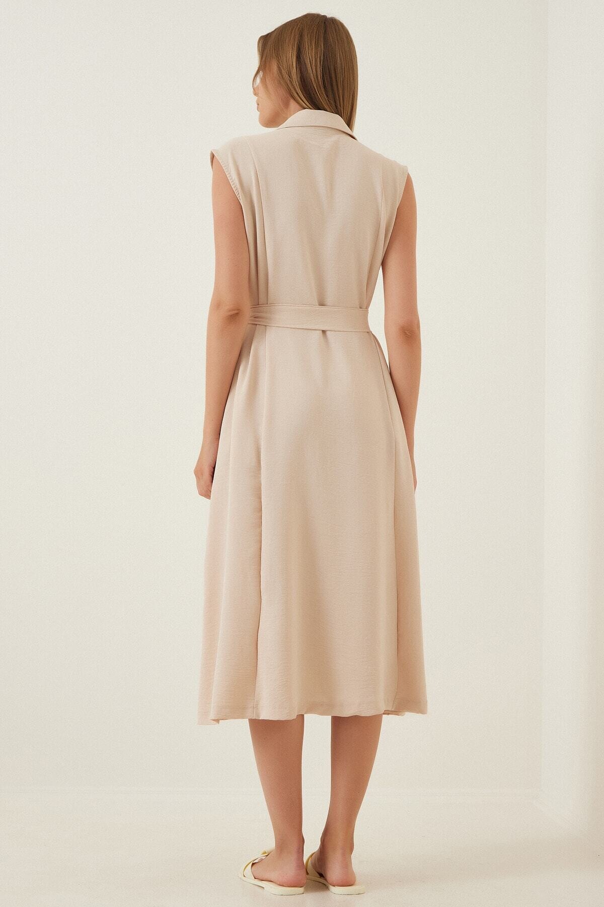 Kadın Krem Gömlek Yaka Düğmeli  Kuşaklı Gizli Cepli Kolsuz Ayrobin Gömlek Elbise HZL22S-BD122261