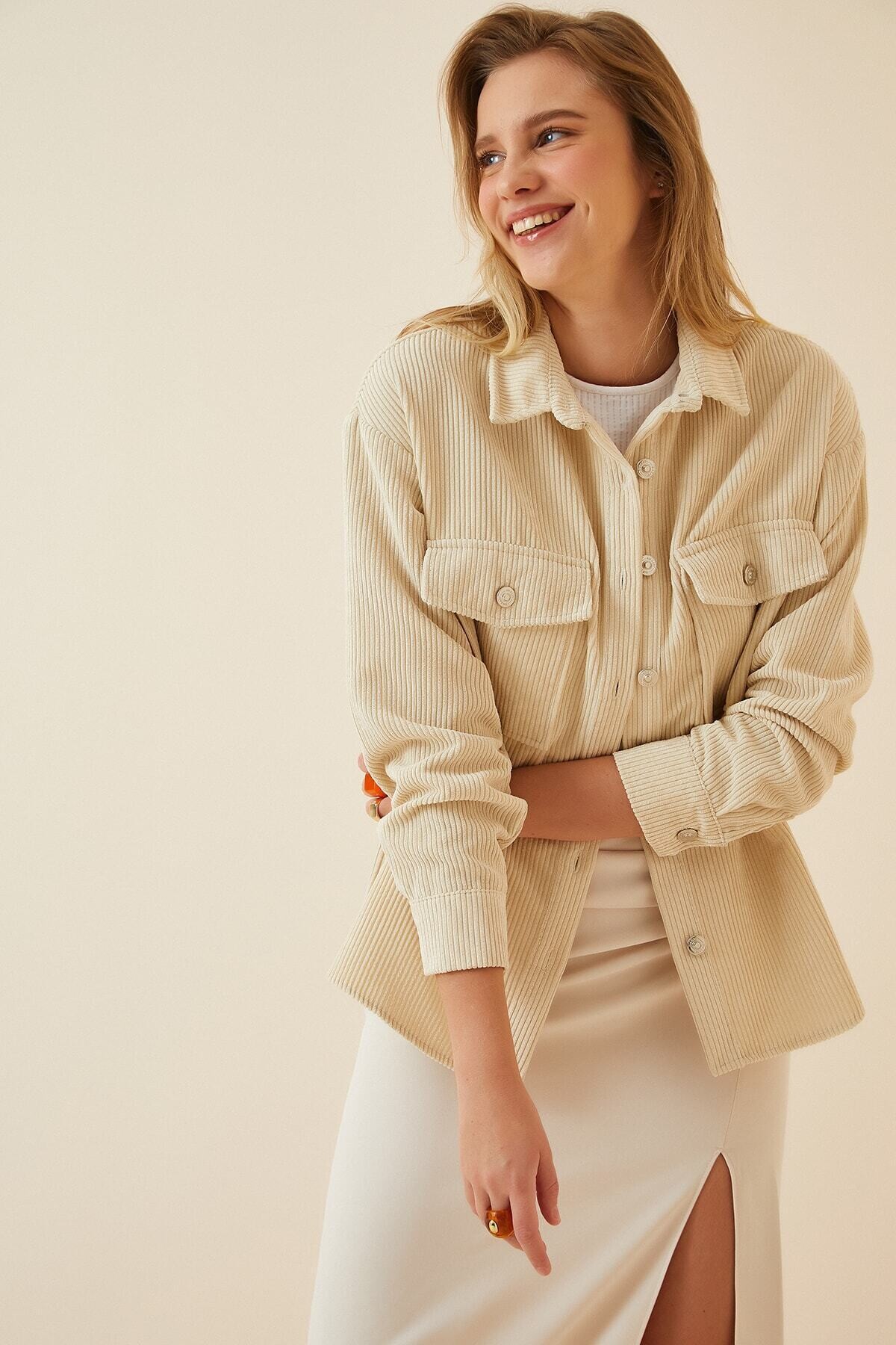 Kadın Krem Kadife Hafif Oversize Şık Gömlek Hzl23w-bd138651