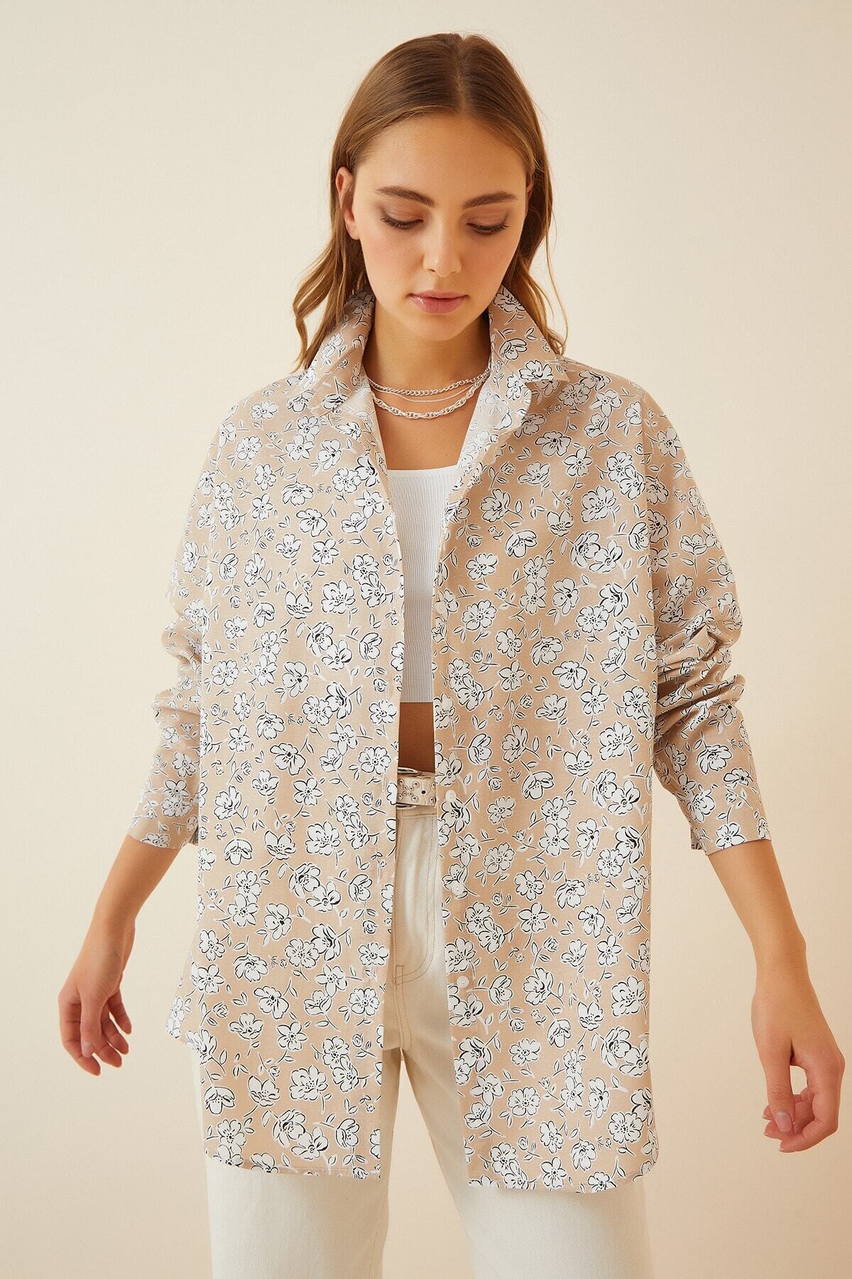 Kadın Krem Oversize Uzun Basic Gömlek HZL22S-BD1201001