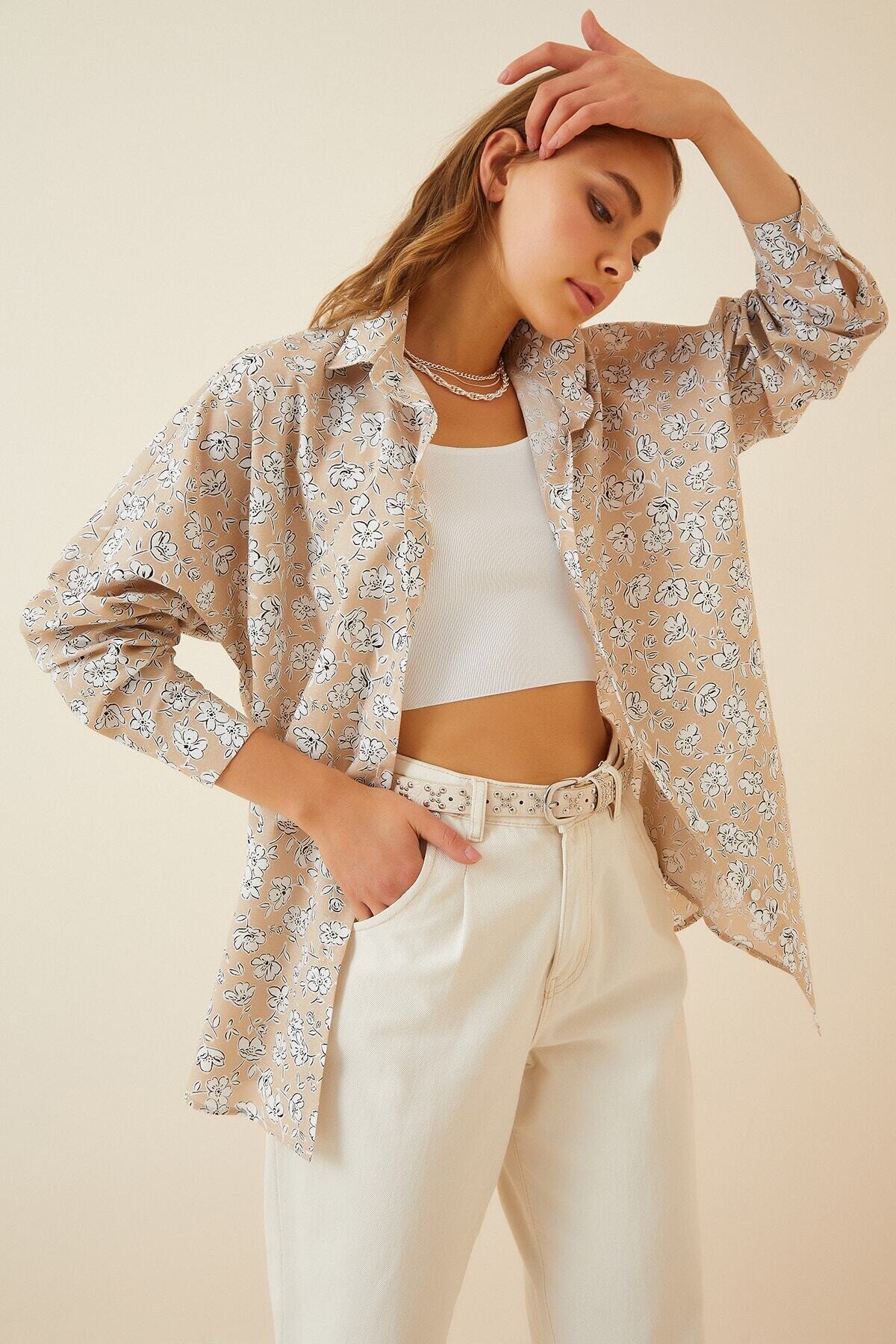 Kadın Krem Oversize Uzun Basic Gömlek HZL22S-BD1201001