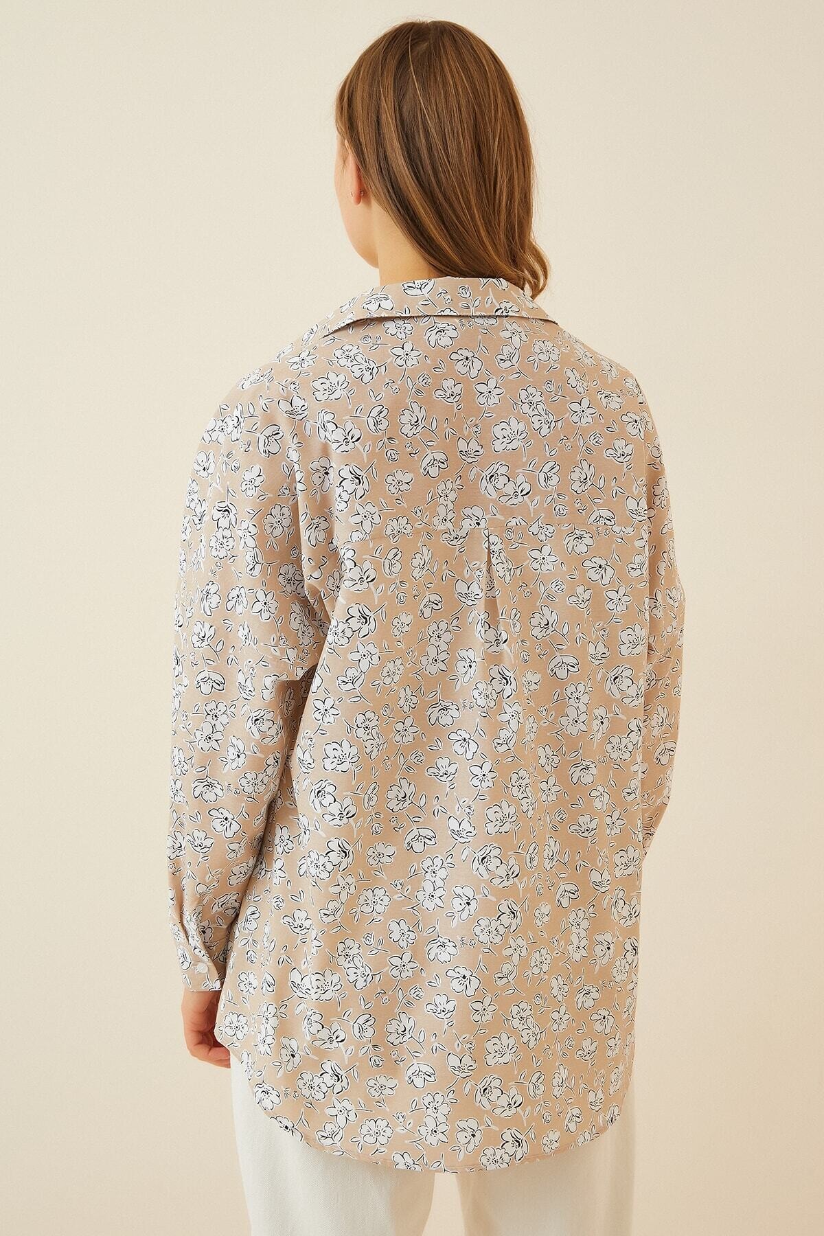 Kadın Krem Oversize Uzun Basic Gömlek HZL22S-BD1201001