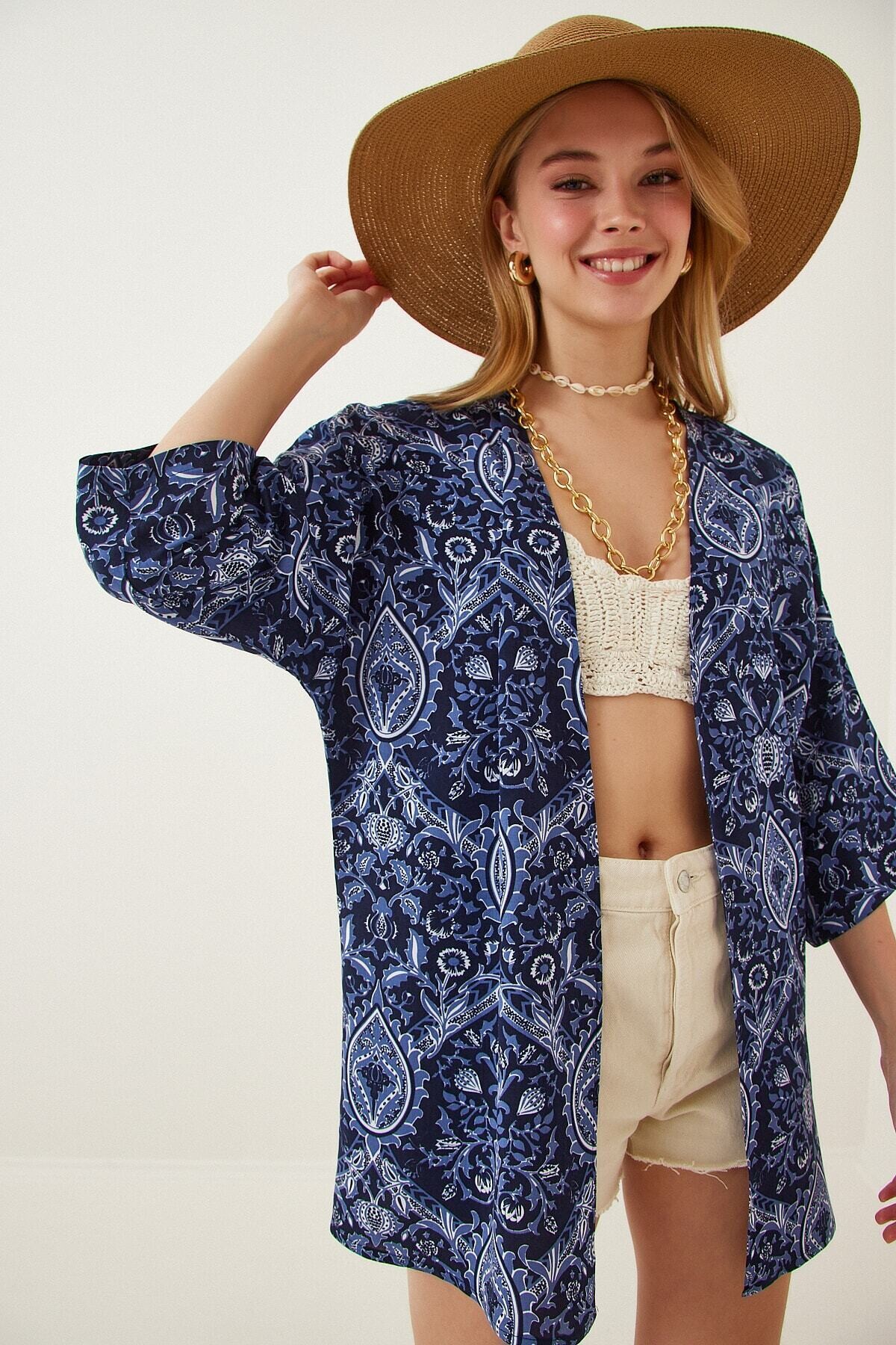 Kadın Lacivert Baskılı Düşük Kol Viskon Kimono HZL22S-BD158631