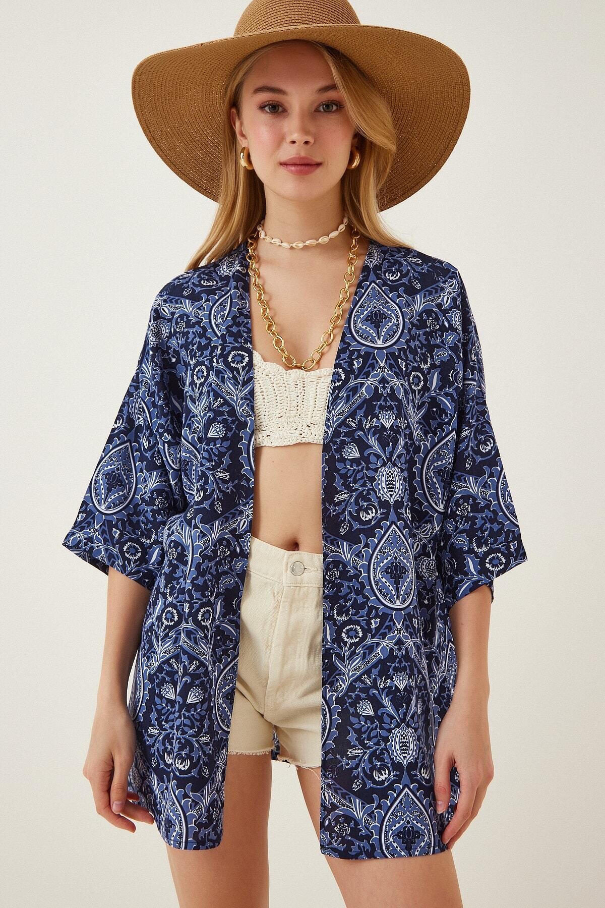 Kadın Lacivert Baskılı Düşük Kol Viskon Kimono HZL22S-BD158631