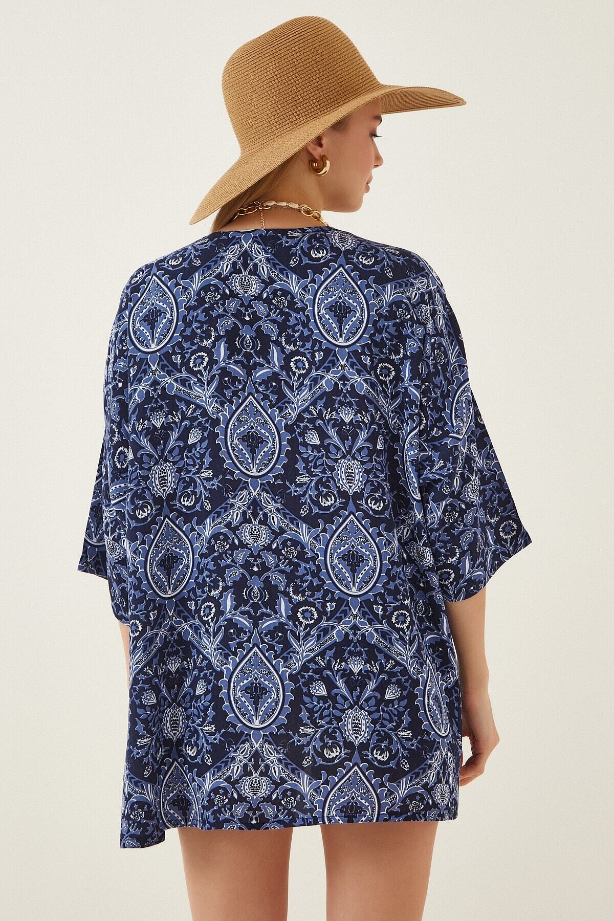 Kadın Lacivert Baskılı Düşük Kol Viskon Kimono HZL22S-BD158631