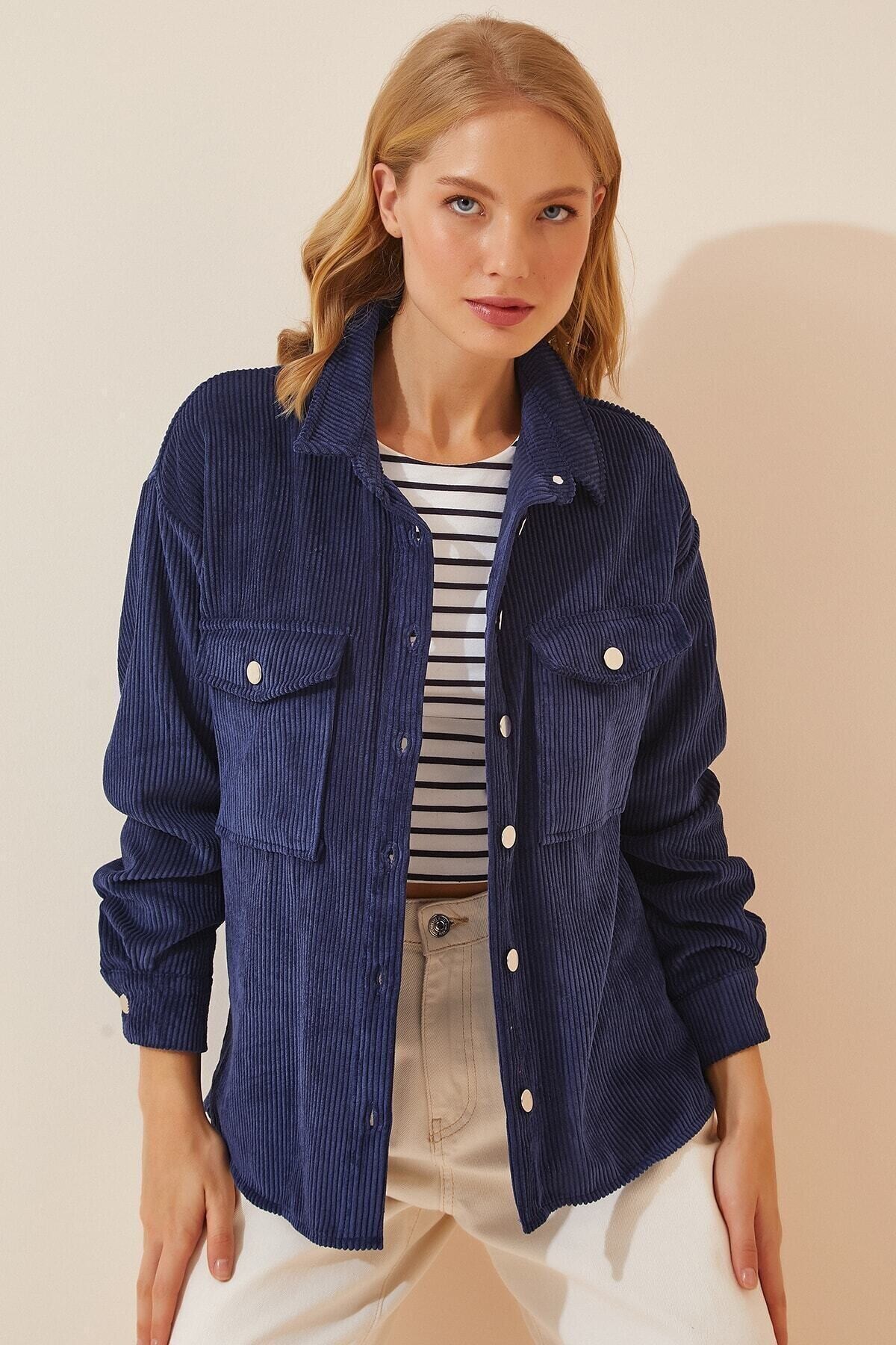 Kadın Lacivert Kadife Hafif Oversize Şık Gömlek Hzl23w-bd138651