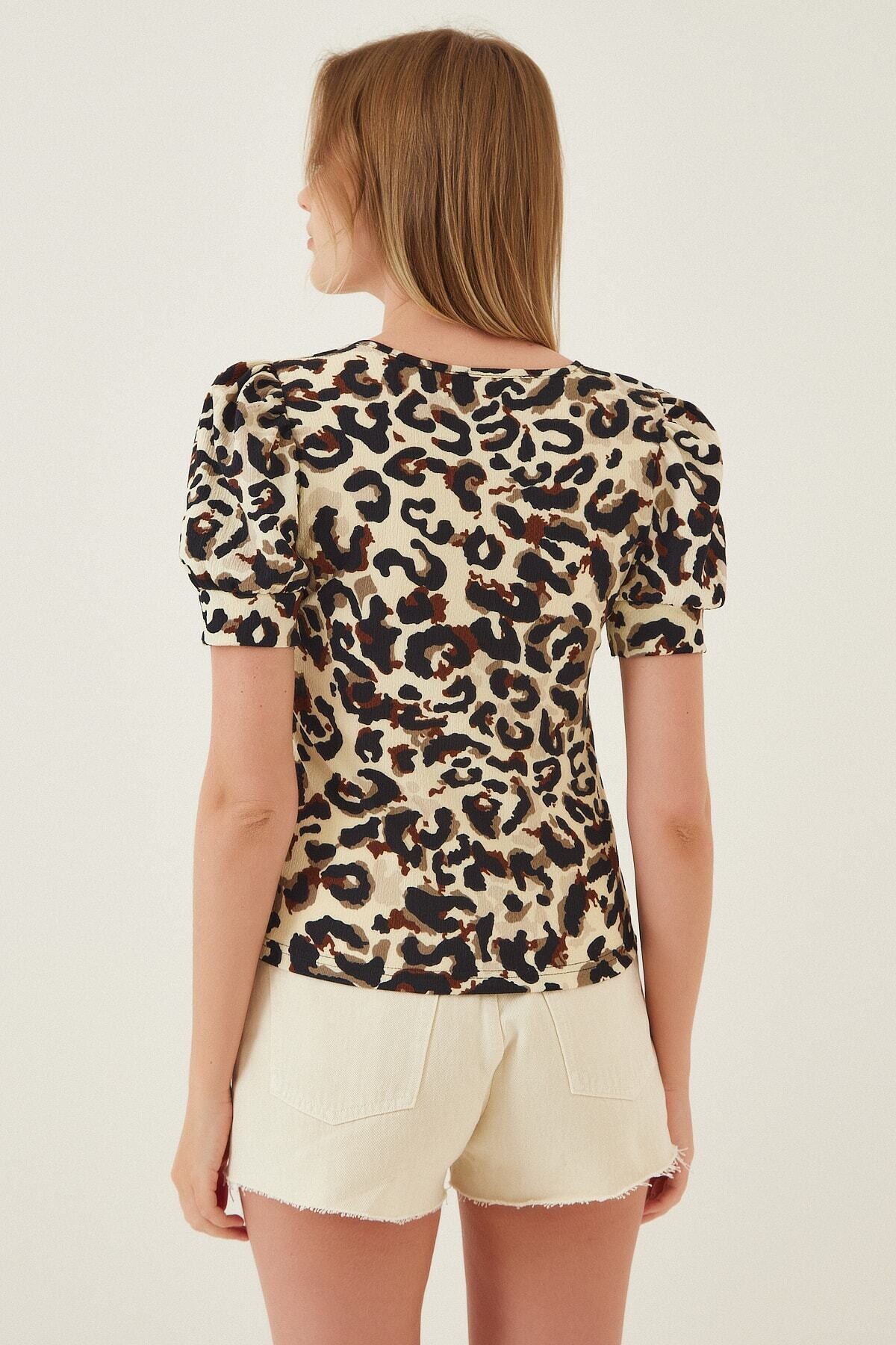 Kadın Leopar Kare Yaka Örme Bluz HZL22W-BD104091