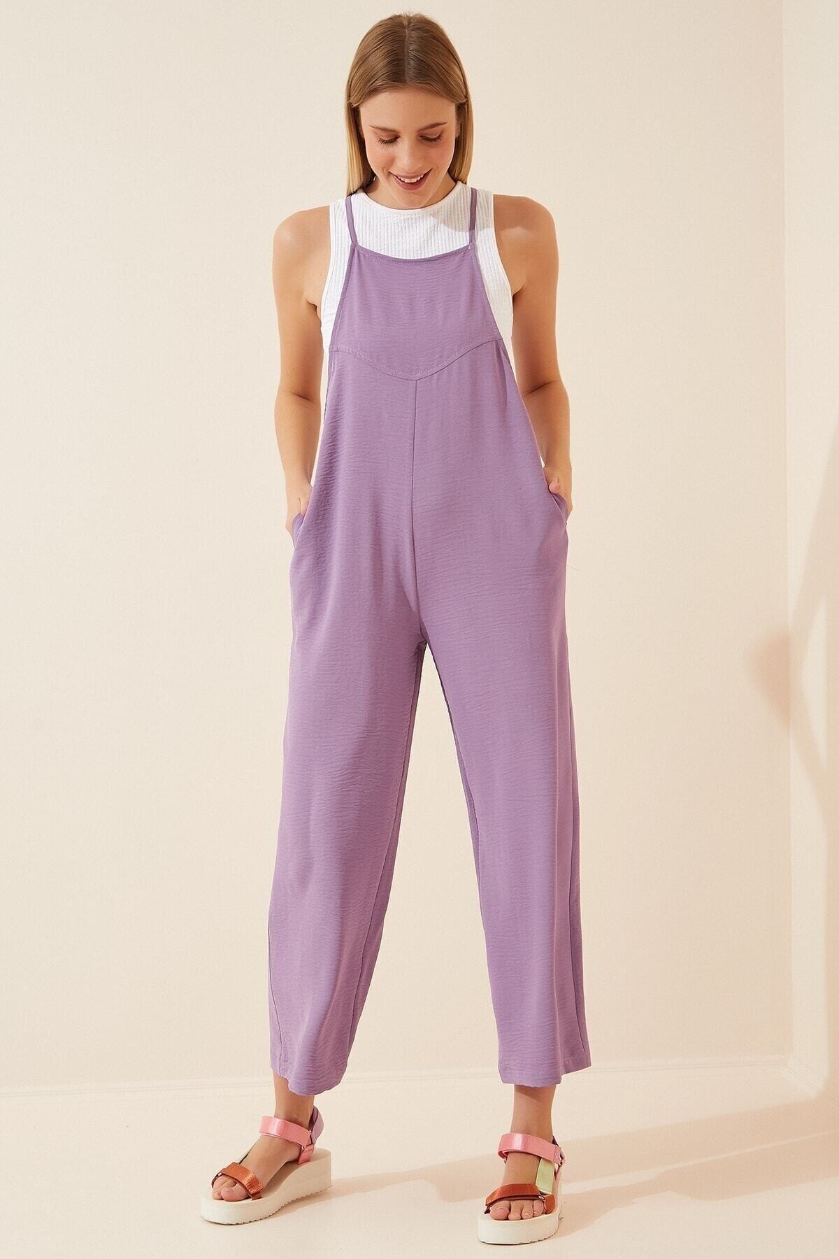 Kadın Lila Ayarlanabilir Askılı Cepli Bol Paça Bahçıvan Tulum HZL22S-BD170191