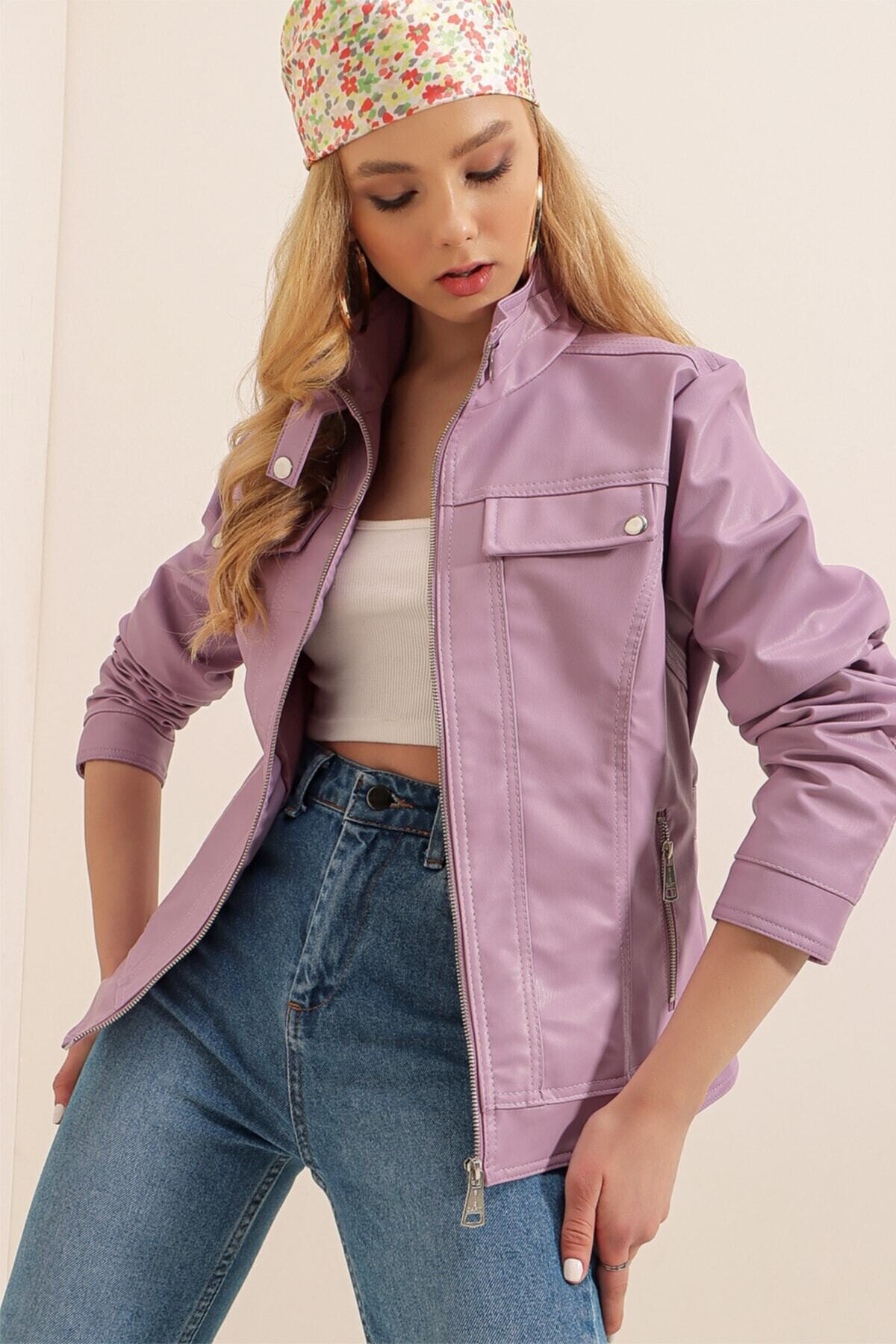 Kadın Lila Dik Yaka Suni Deri Ceket HZL22W-BD110241