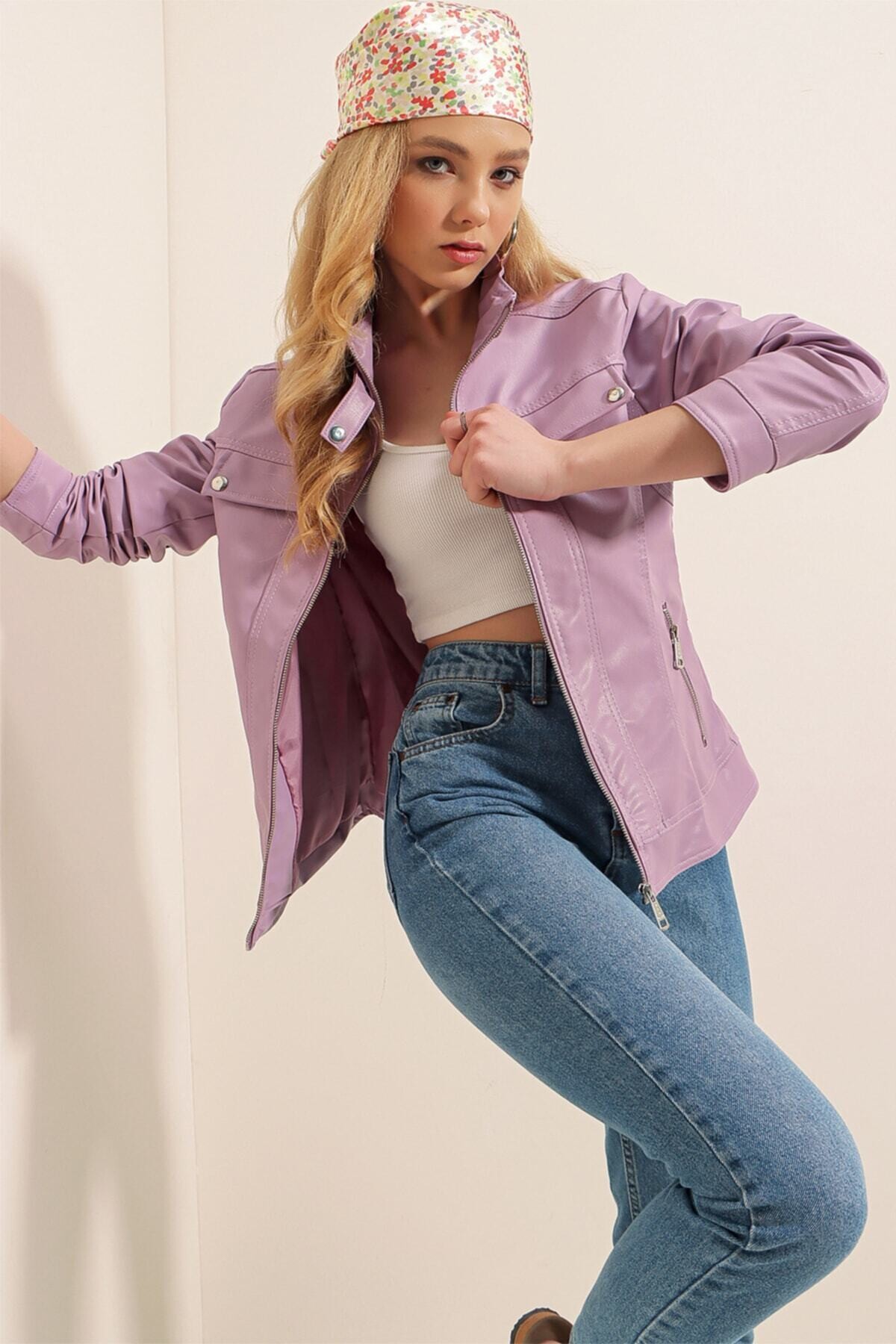 Kadın Lila Dik Yaka Suni Deri Ceket HZL22W-BD110241