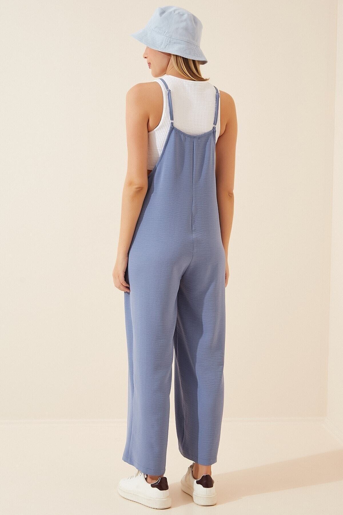 Kadın Mavi Ayarlanabilir Askılı Cepli Bol Paça Bahçıvan Tulum HZL22S-BD170191