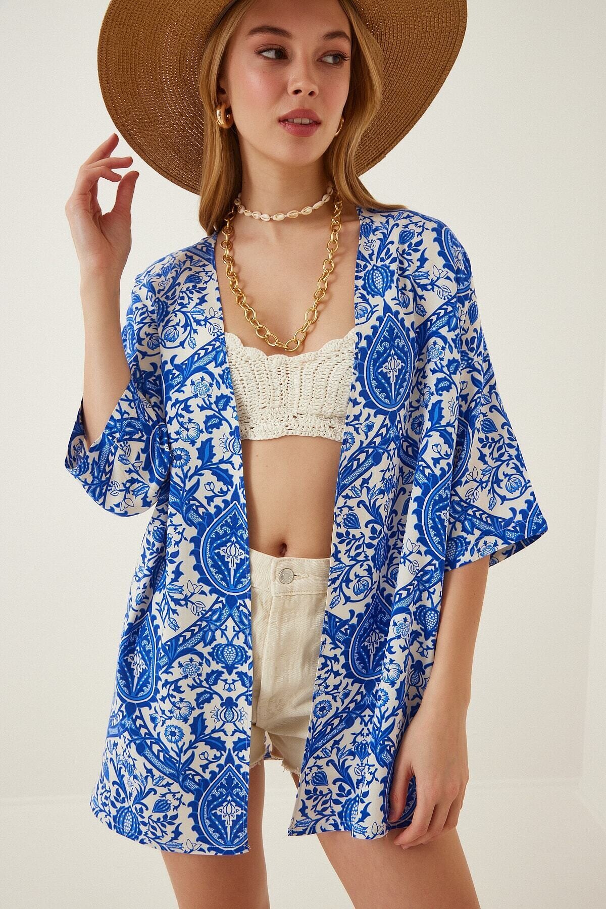 Kadın Mavi Baskılı Düşük Kol Viskon Kimono HZL22S-BD158631
